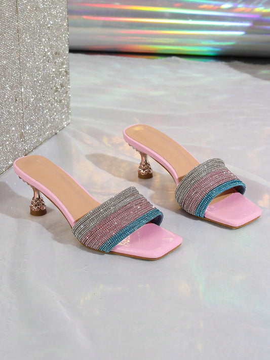 2024 New Arrival Ladies' Multicolor High Heel Glittering Rhinestone Open-Toe Muller Sandals