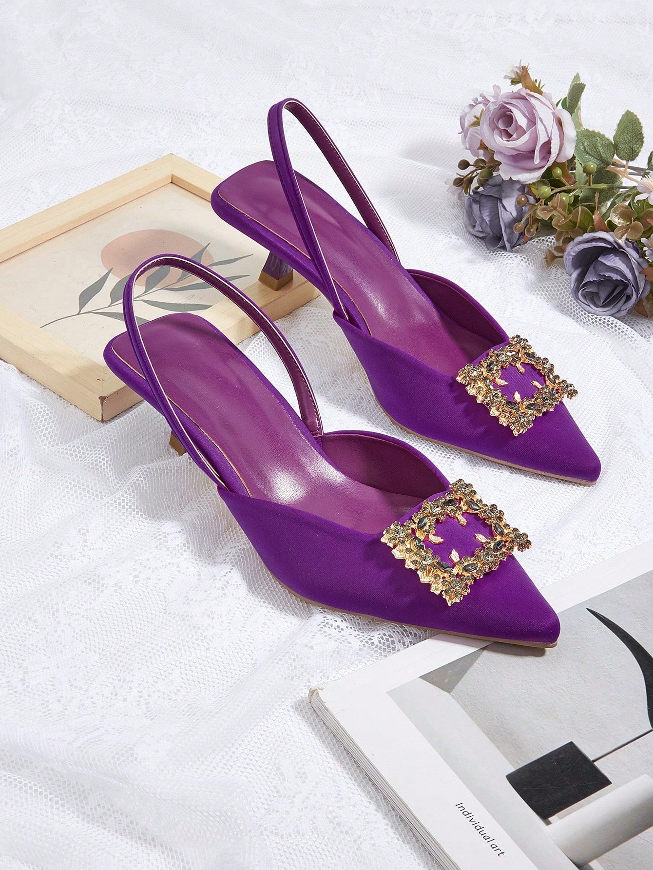 Women Rosy Gemstone Decor Pumps, Point Toe Heeled Slingback Pumps For Party