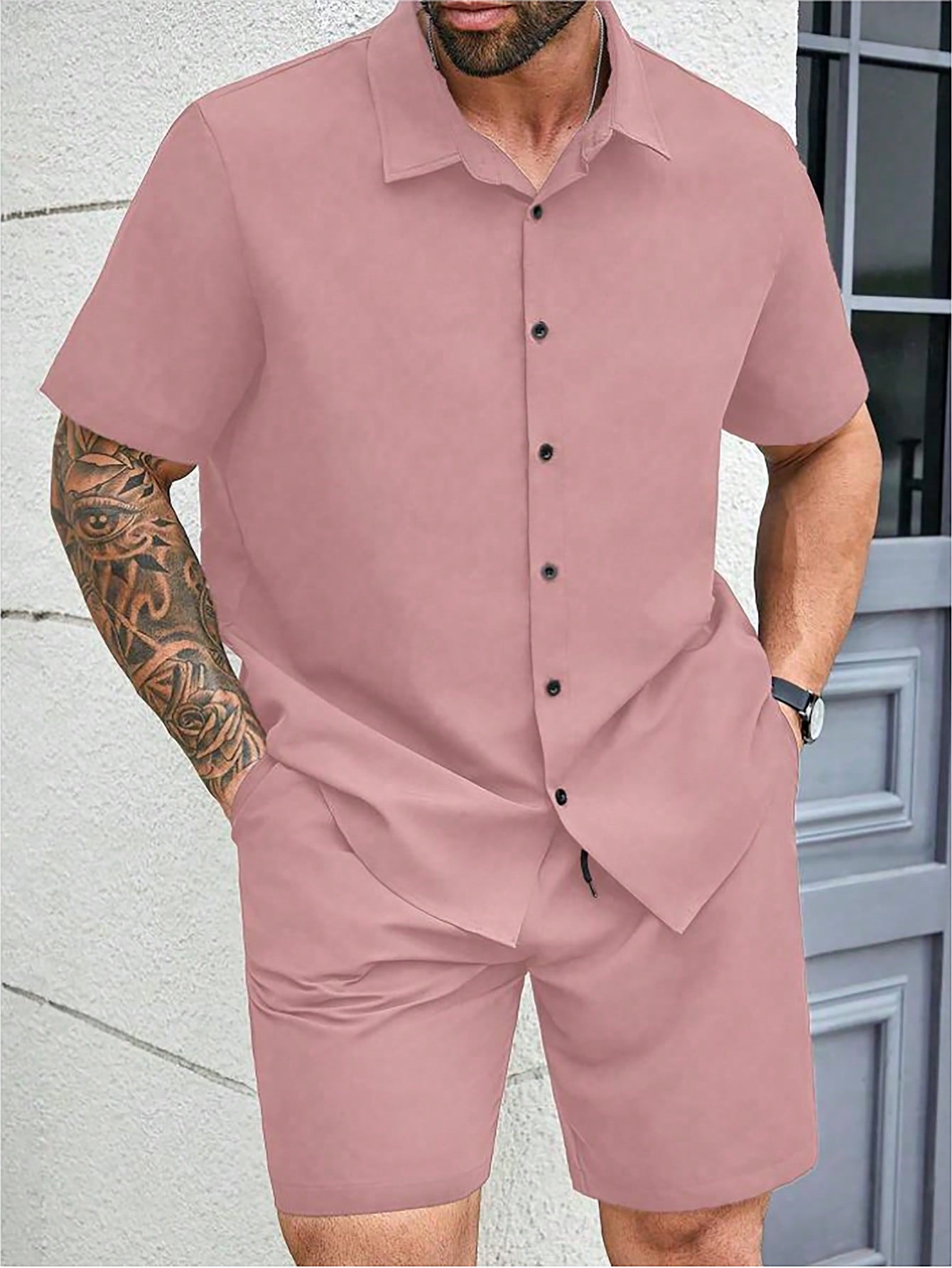 Men's Plus Size Summer Business Casual Solid Color Short Sleeve Shirt And Shorts Set