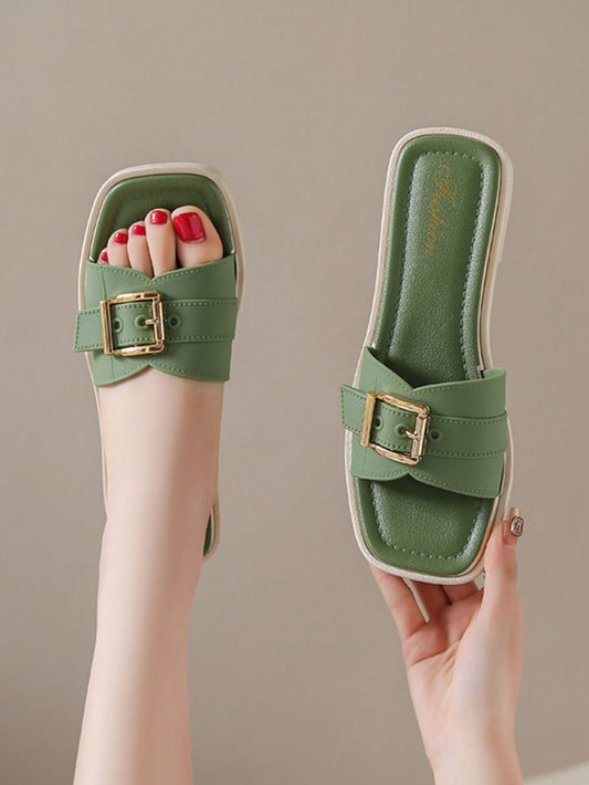 Women's Casual Buckle Sandals, Fashionable And Simple Design, Lightweight With Soft And Comfortable Skidproof & Anti-Odour Soft Sole, Open Toe Flat Sandals, Suitable For Outdoor And Indoor Activities Like Summer Vacation, In Green Color