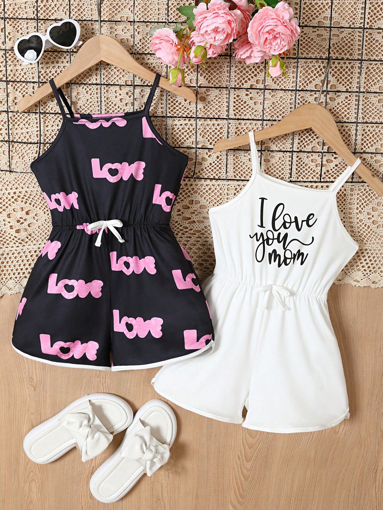 2pcs/Set Young Girl Heart And Letter Pattern Bowknot Strap Romper For Summer Vacation