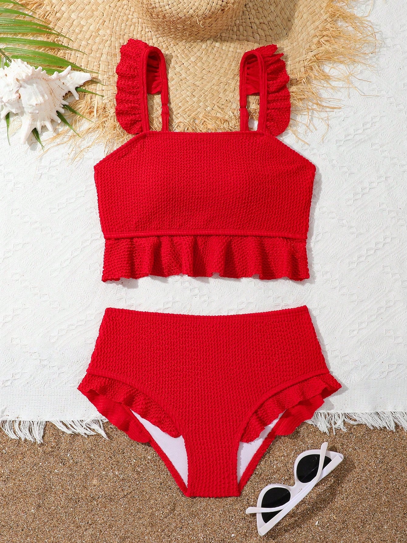 Tween Girl Spaghetti Strap Bikini With Ruffled Hem And Uniquely Textured Fabric In Solid Color