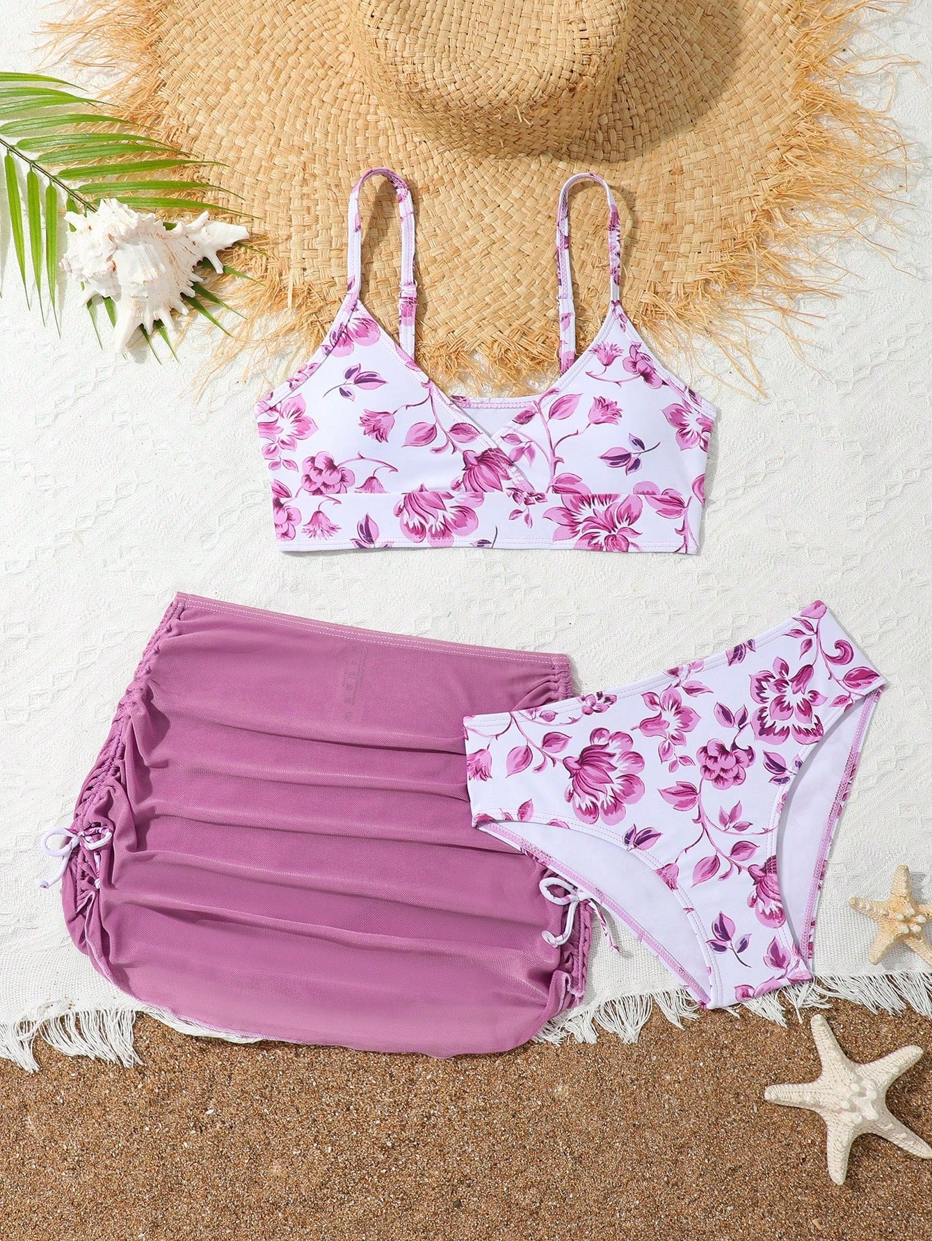 Tween Girl Cute 3pcs Purple Ditsy Floral Bikini Set(Random Print) With Cover Up Skirt, Bathing Suit Beach Outfit Summer Vacation Summer Beach