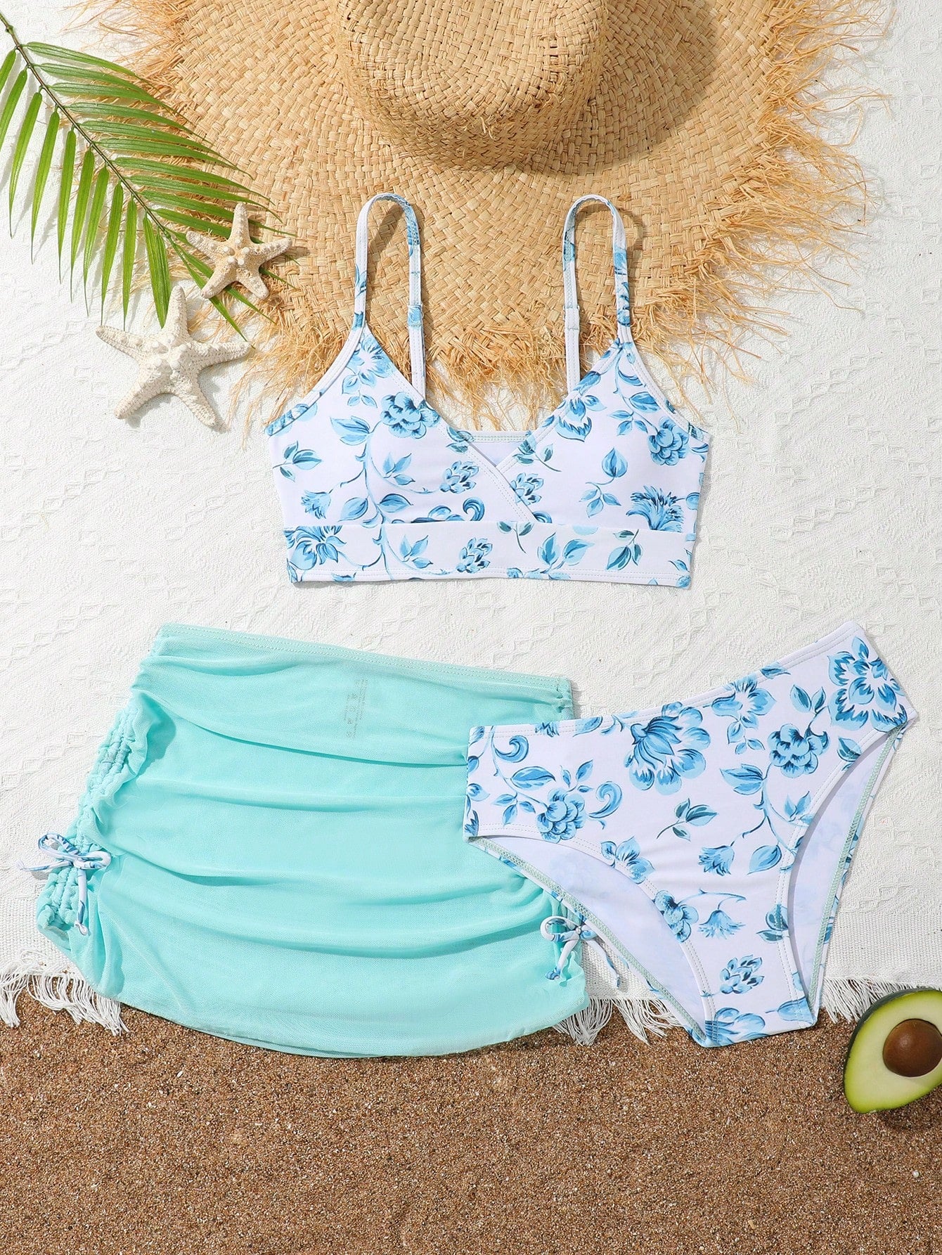 3pcs/Set Tween Girl Random Ditsy Floral Bikini Set Summer Beach