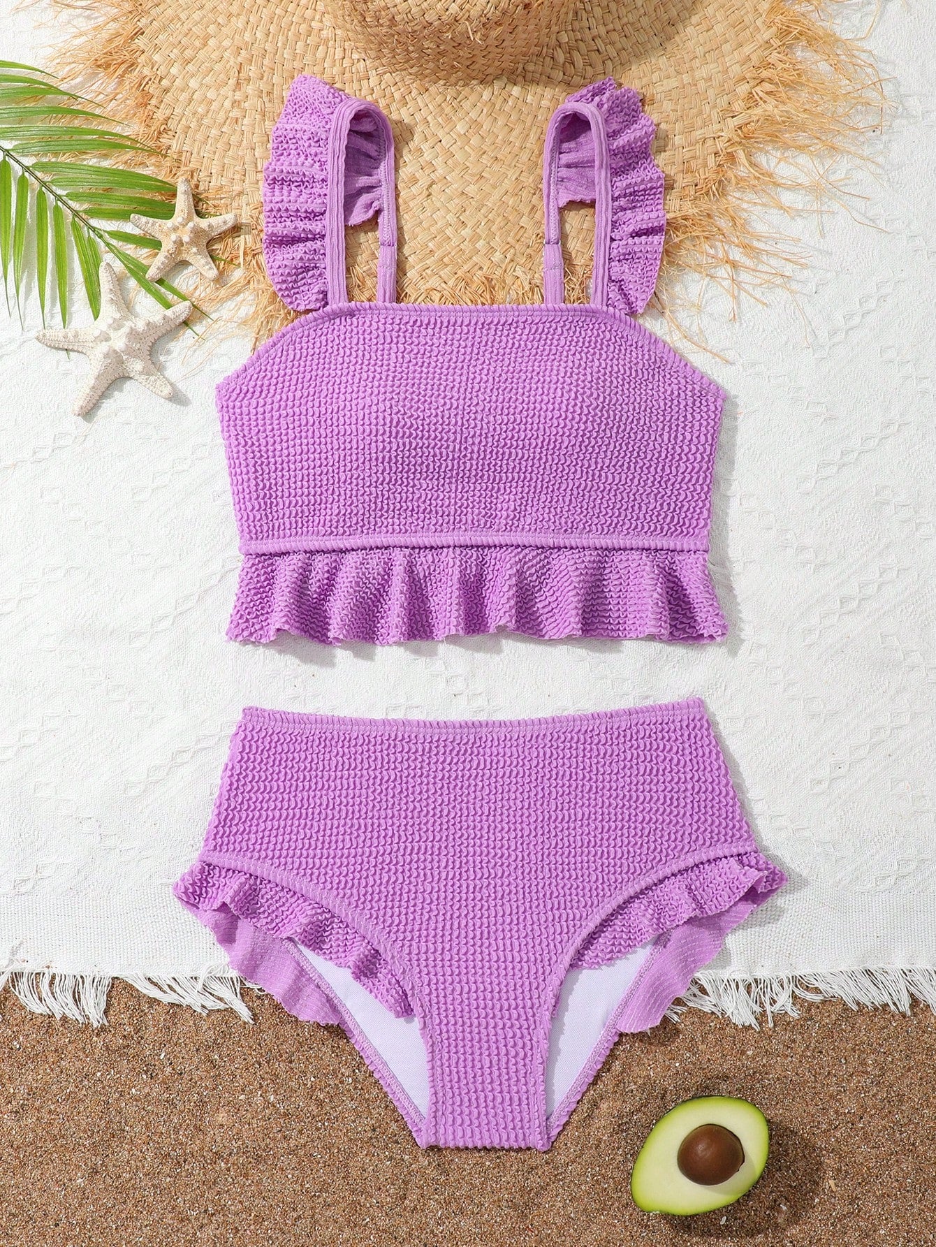 Solid Color Textured Bikini Set With Flounce Trim For Tween Girls