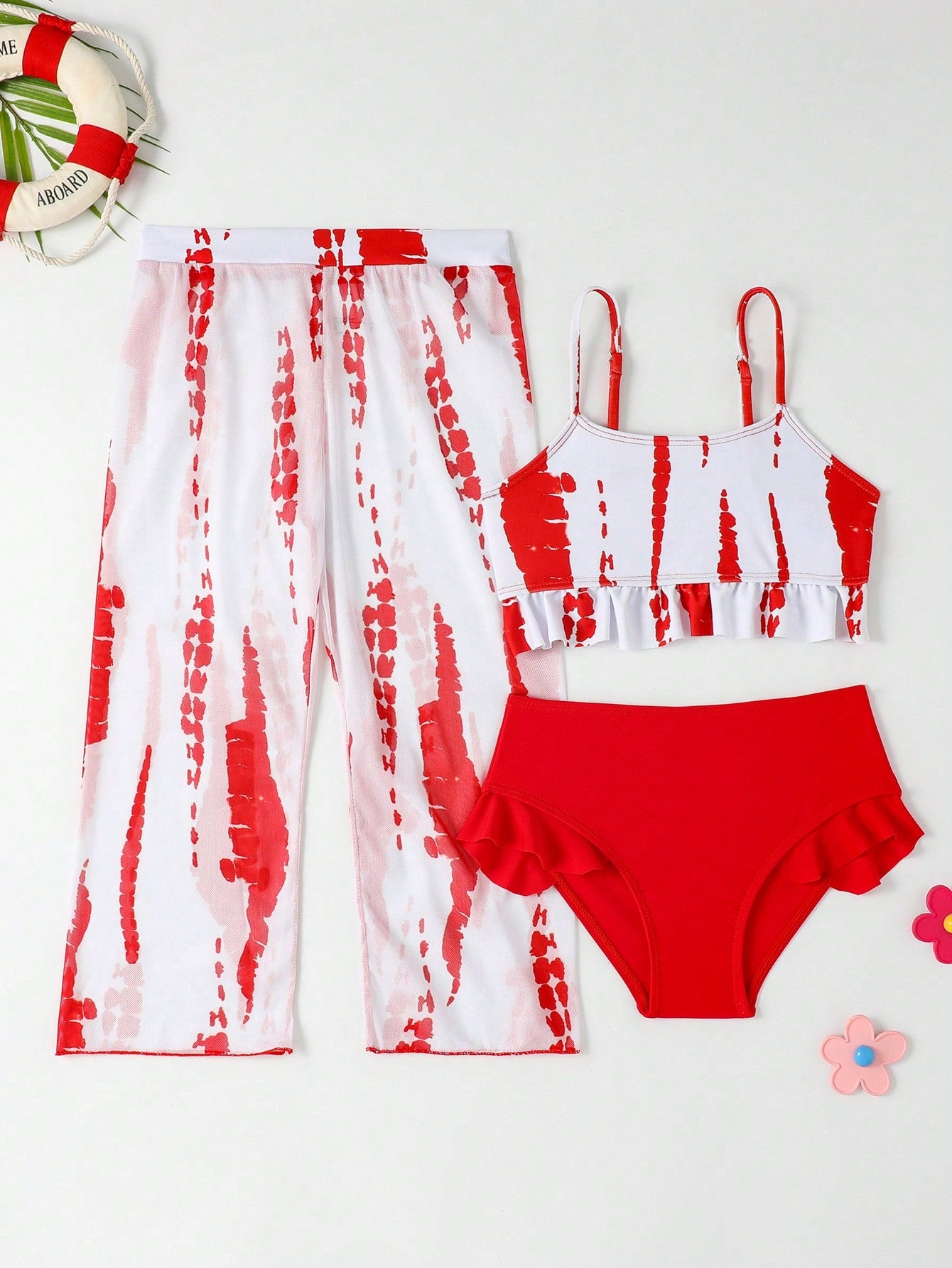 Young Girl Spaghetti Straps Sleeveless 3-Piece Swimwear Set With Random Prints