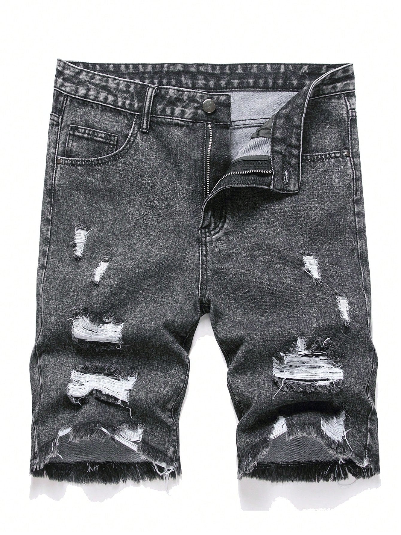 Men's Solid Color Frayed Denim Shorts With Pockets And Distressed Details, Summer