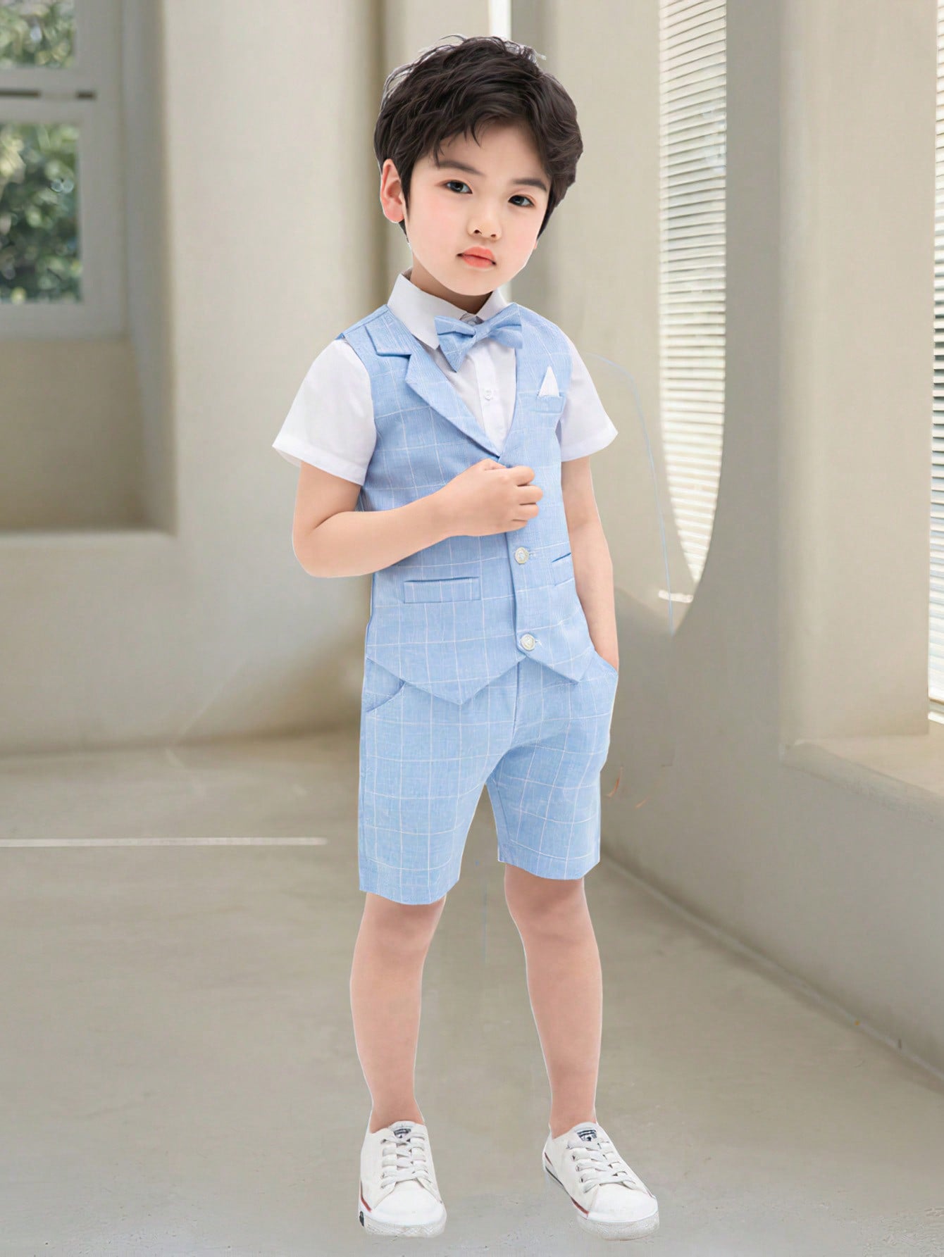 Young Boy New Summer Children's Performance Formal Suit, Wedding/Ring Bearer Outfit, 3pcs Set VestandShortsandNecktie