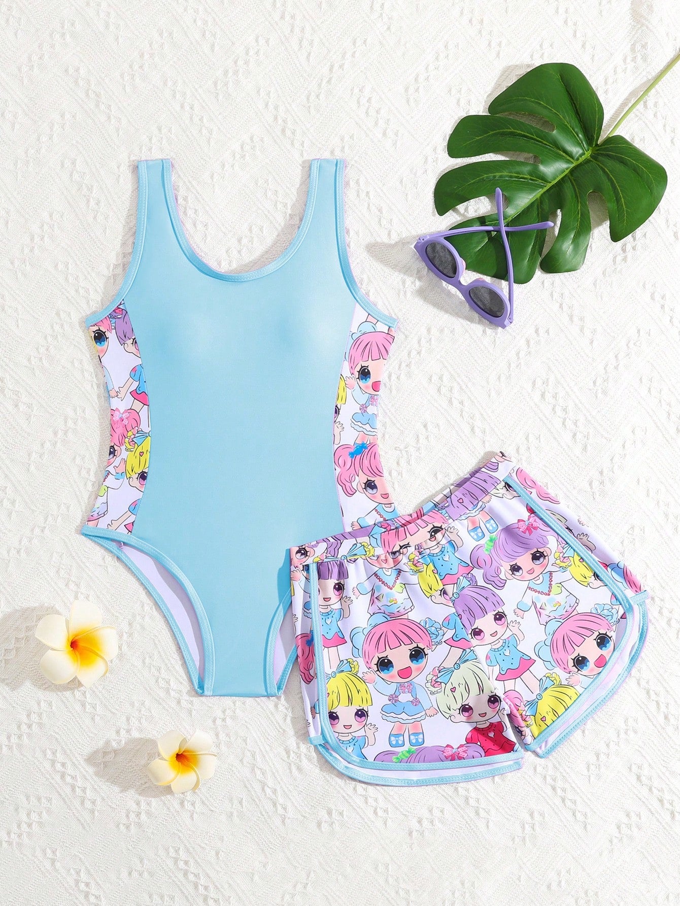 Tween Girl Summer Beach New Arrival Fashionable Purple One-Piece Swimsuit With High Waist Shorts