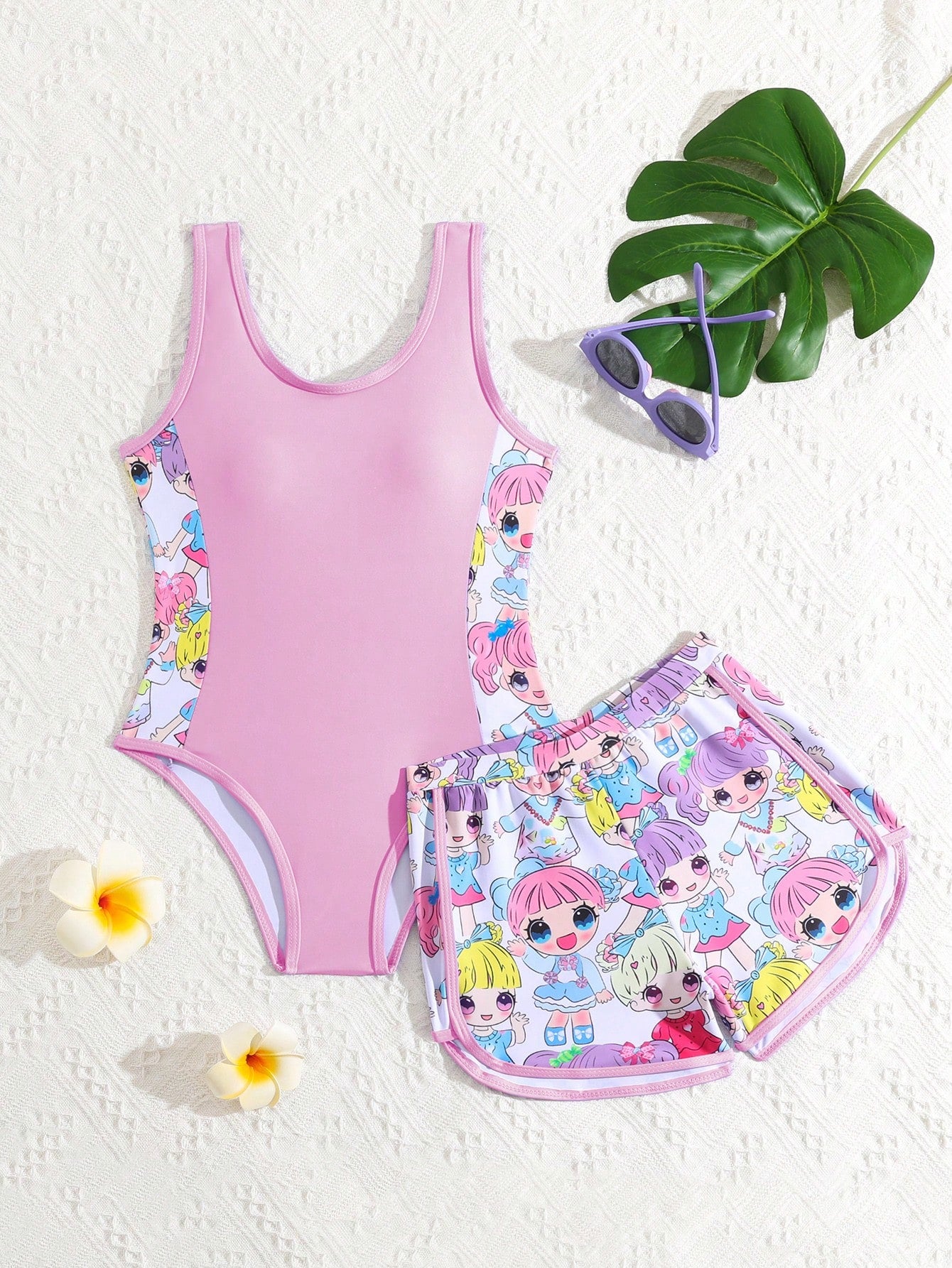 Tween Girl Summer Beach New Arrival Fashionable Purple One-Piece Swimsuit With High Waist Shorts