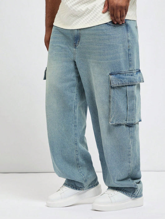 Men's Plus Size Stylish Solid Color Wide Leg Jeans With Big Pockets