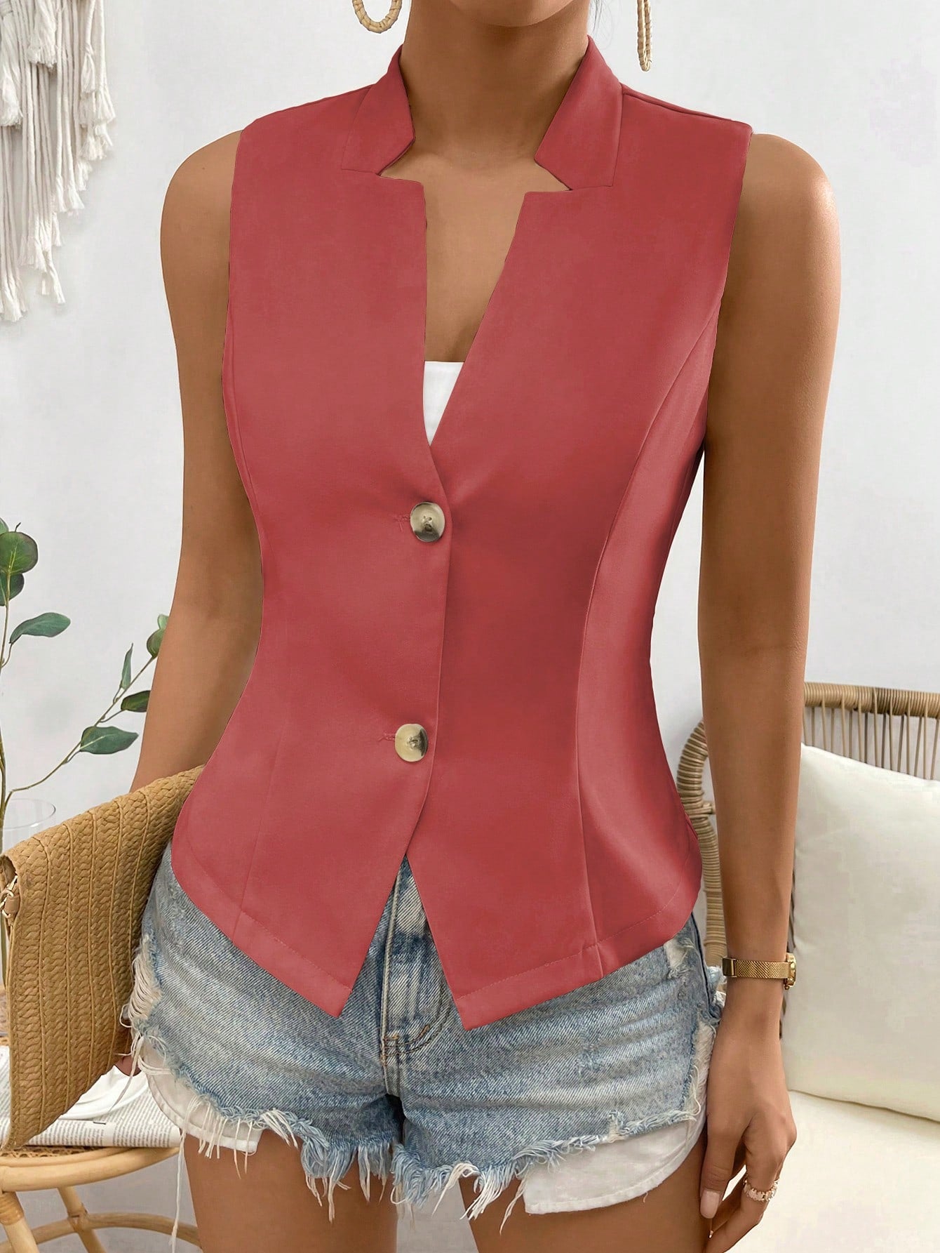 Women Solid Color Sleeveless Suit Jacket With Simple Button Decoration