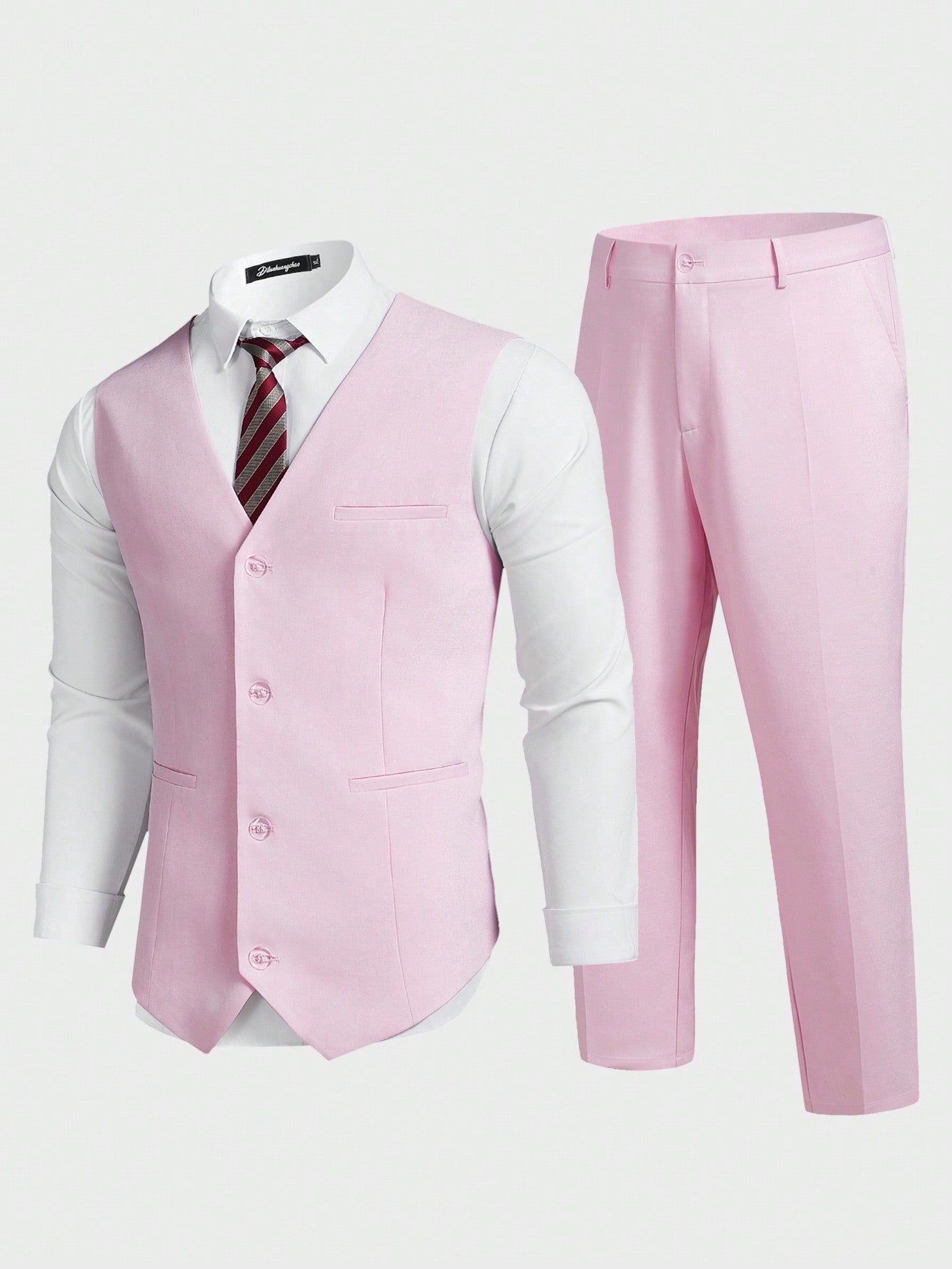 Men's Plus Size Solid Color Suit Set, V-Neck Front Buttoned Suit Vest And Suit Pants