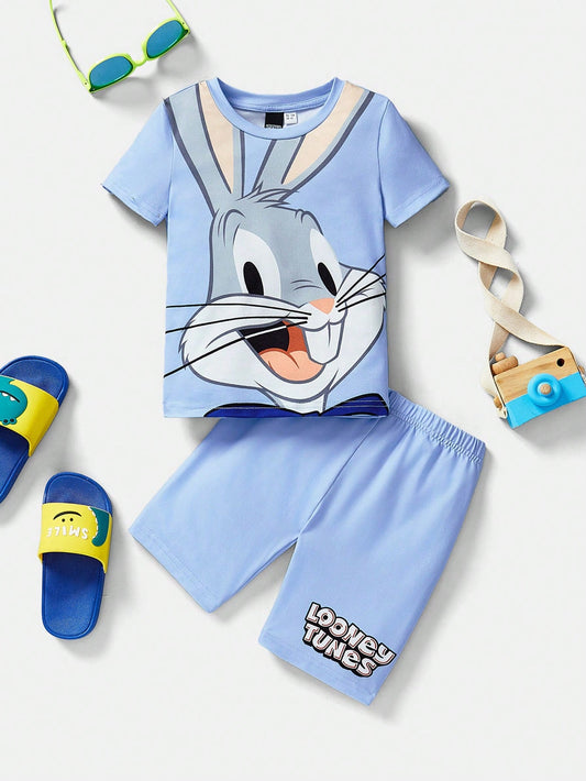 LOONEY TUNES X Young Boy Cartoon Rabbit & Letter Printed Snug Fit Comfortable Pajama Set, Summer