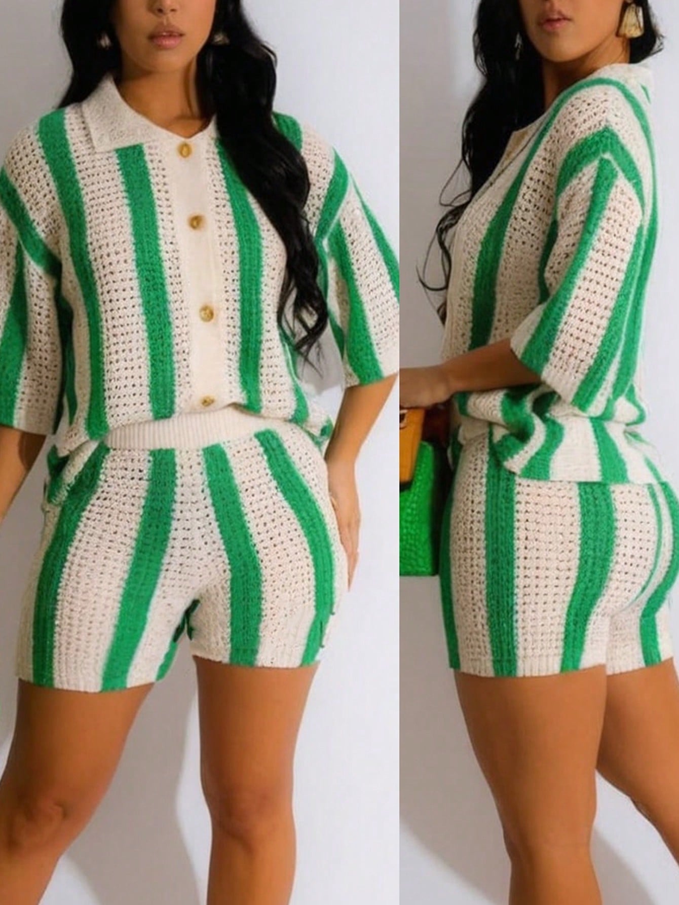 Casual Striped Knit Shirt And Shorts Set For Plus Size Women, Summer