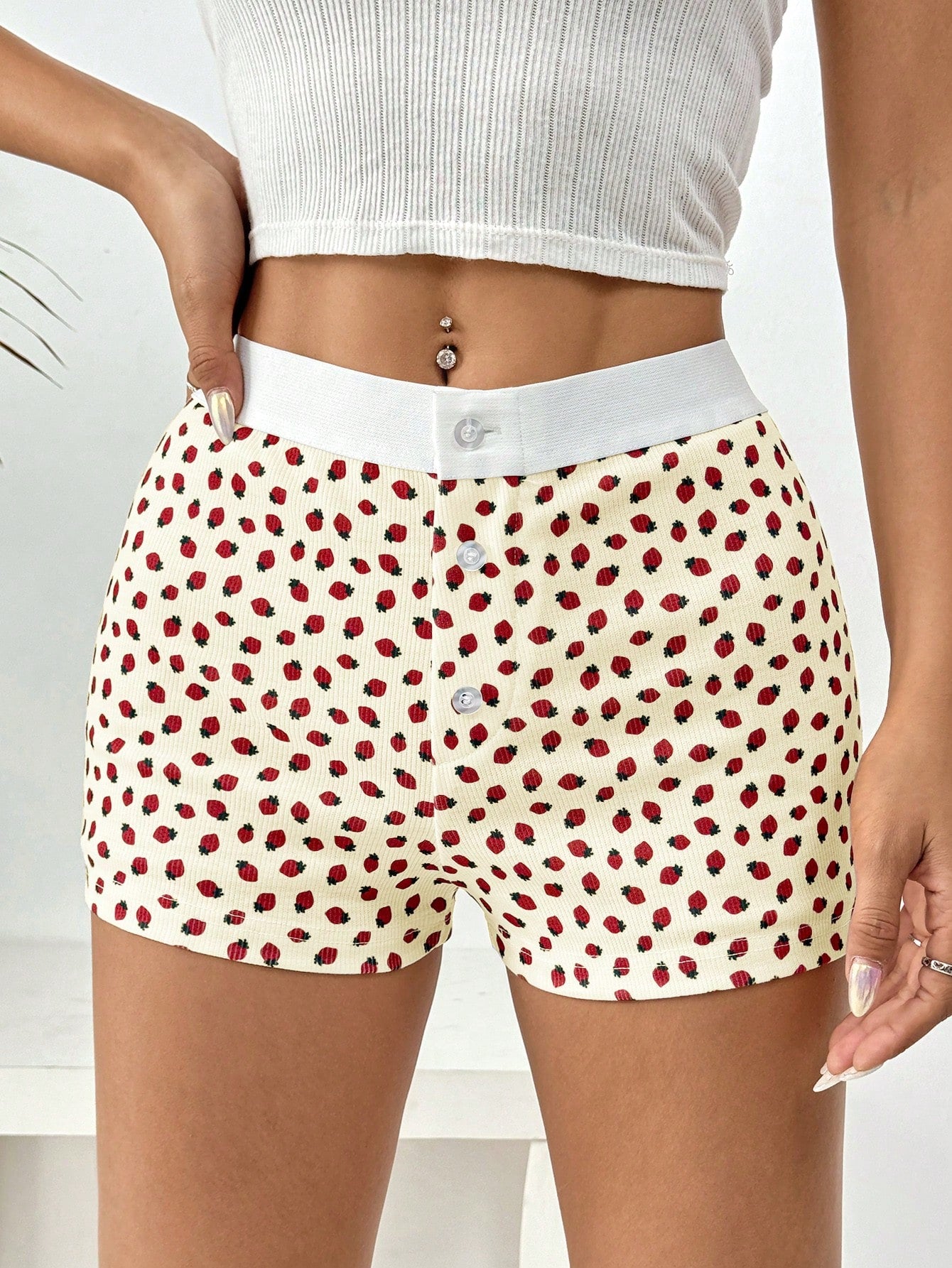 Strawberry Print Contrast Trim Shorts