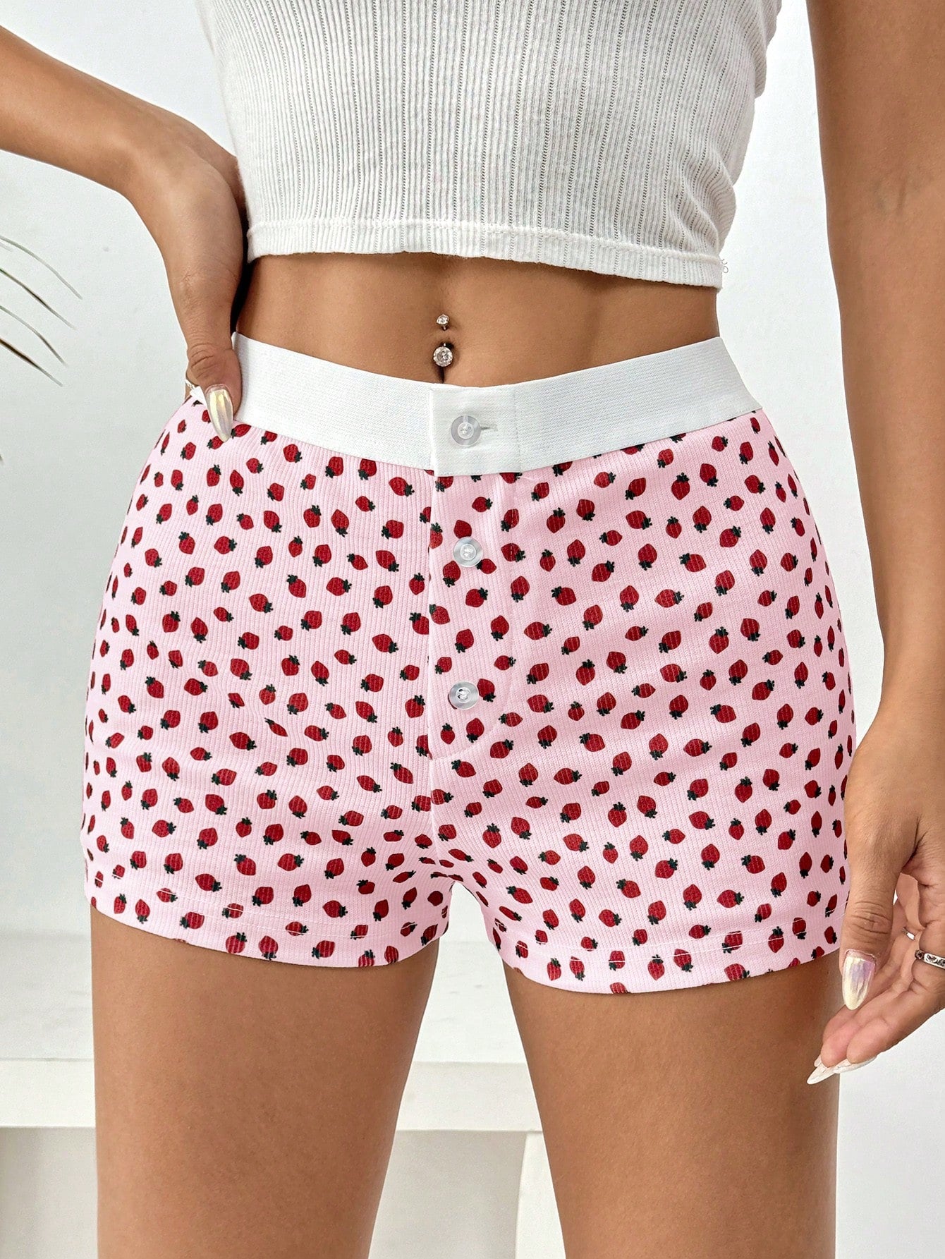 Strawberry Print Contrast Trim Shorts