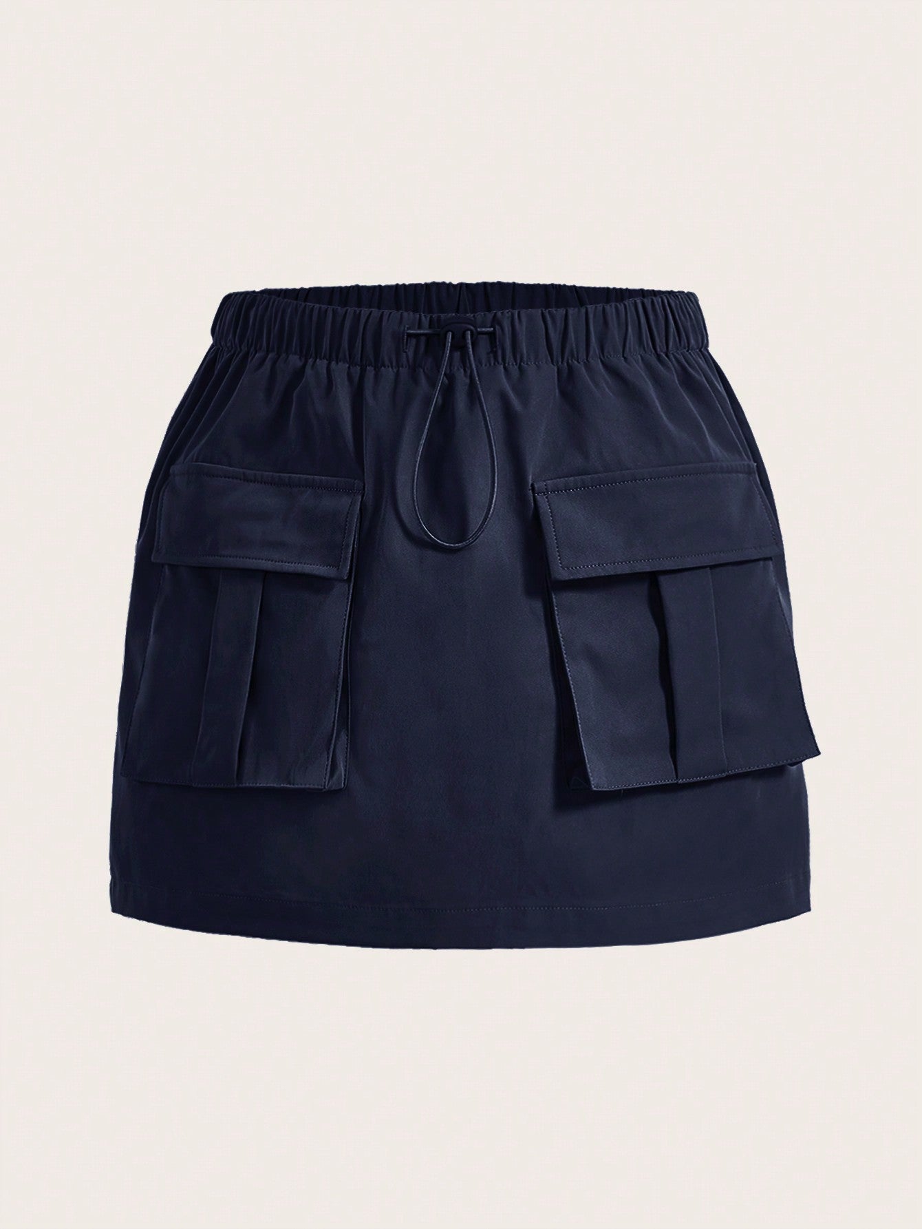 Solid Color Drawstring Waist A-Line Work Skirt With Flap Pockets