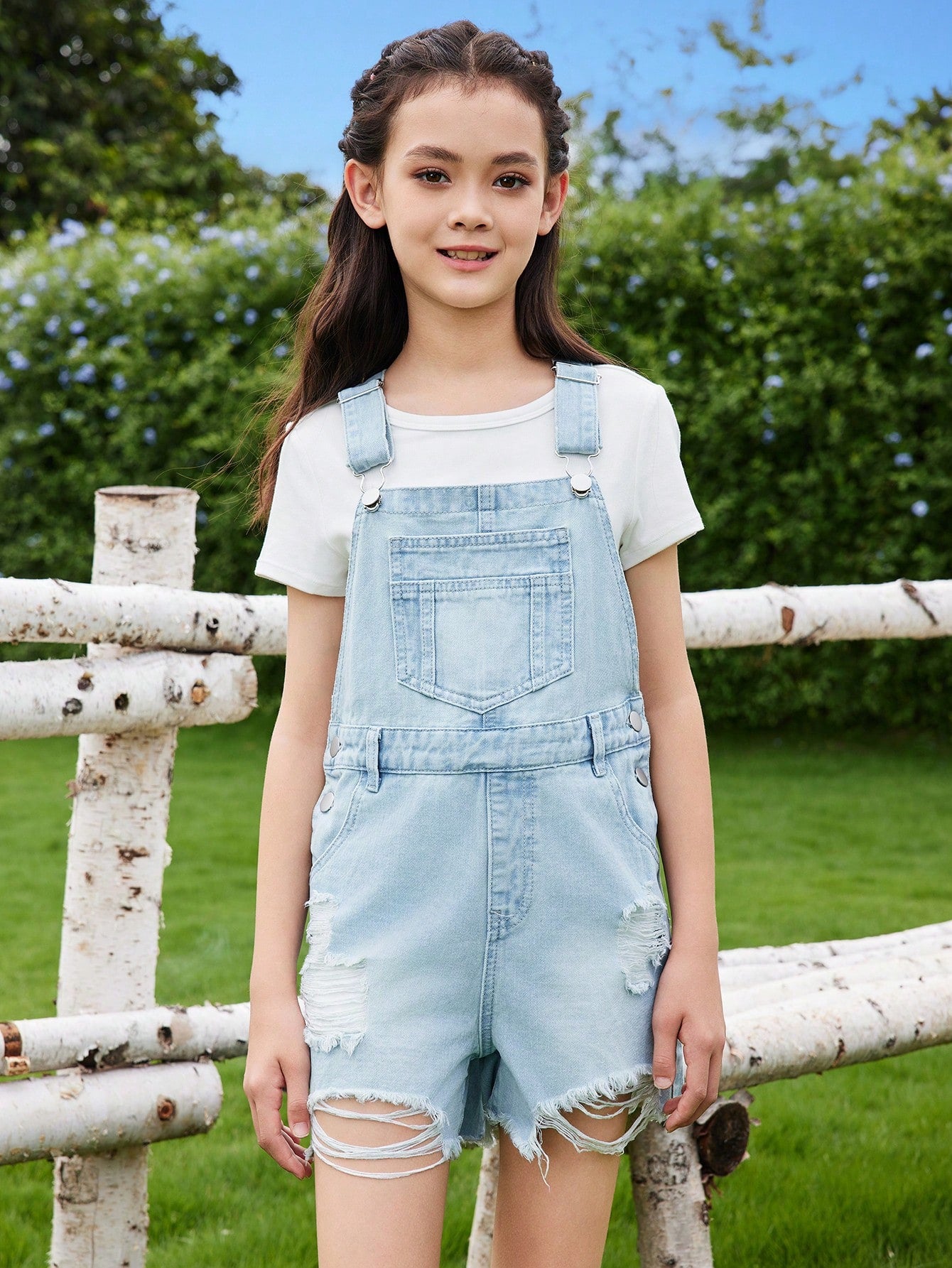 Tween Girls' Summer Casual Distressed Overalls With Heavy Washing