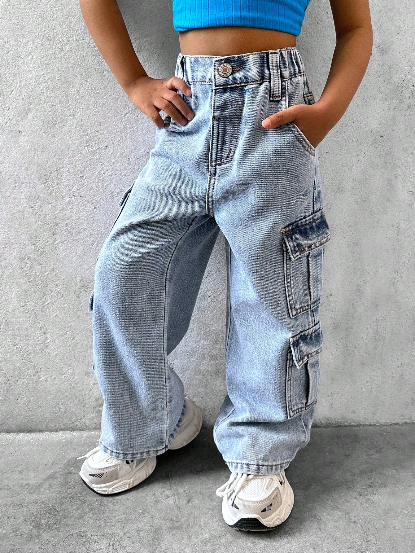 Streecool Kids Young Girl Fashionable Casual Workwear Style Denim Jeans, Multi-Pocketed And Washed Straight-Legged Jeans