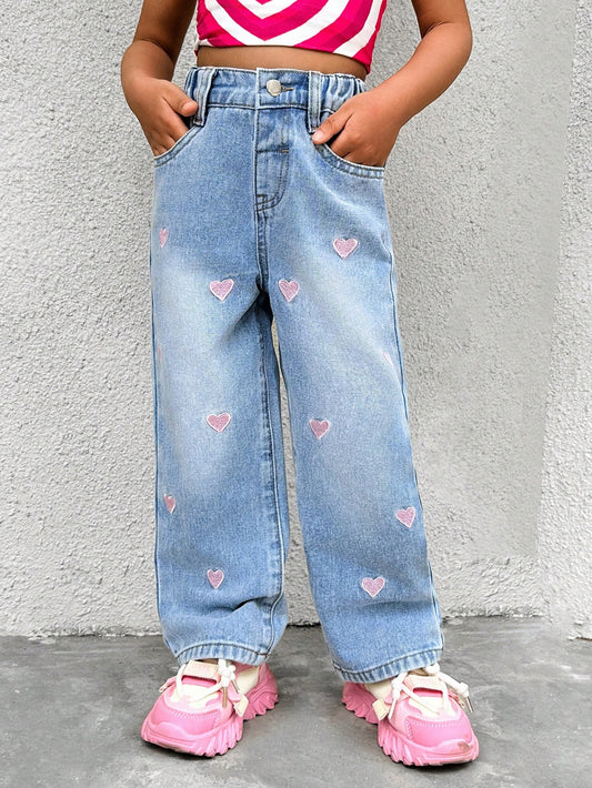 Streecool Kids Young Girl Fashionable And Lovely Street Style Heart Embroidery Loose Fit Wide Leg Jeans