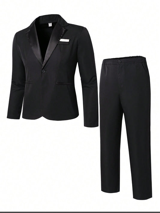 2pcs/Set Teen Boy Gentleman Style Double-Breasted Contrast Collar Suit Jacket And Trousers, Suitable For Formal Occasion, Birthday Party, Evening Party, Wedding And Show Season