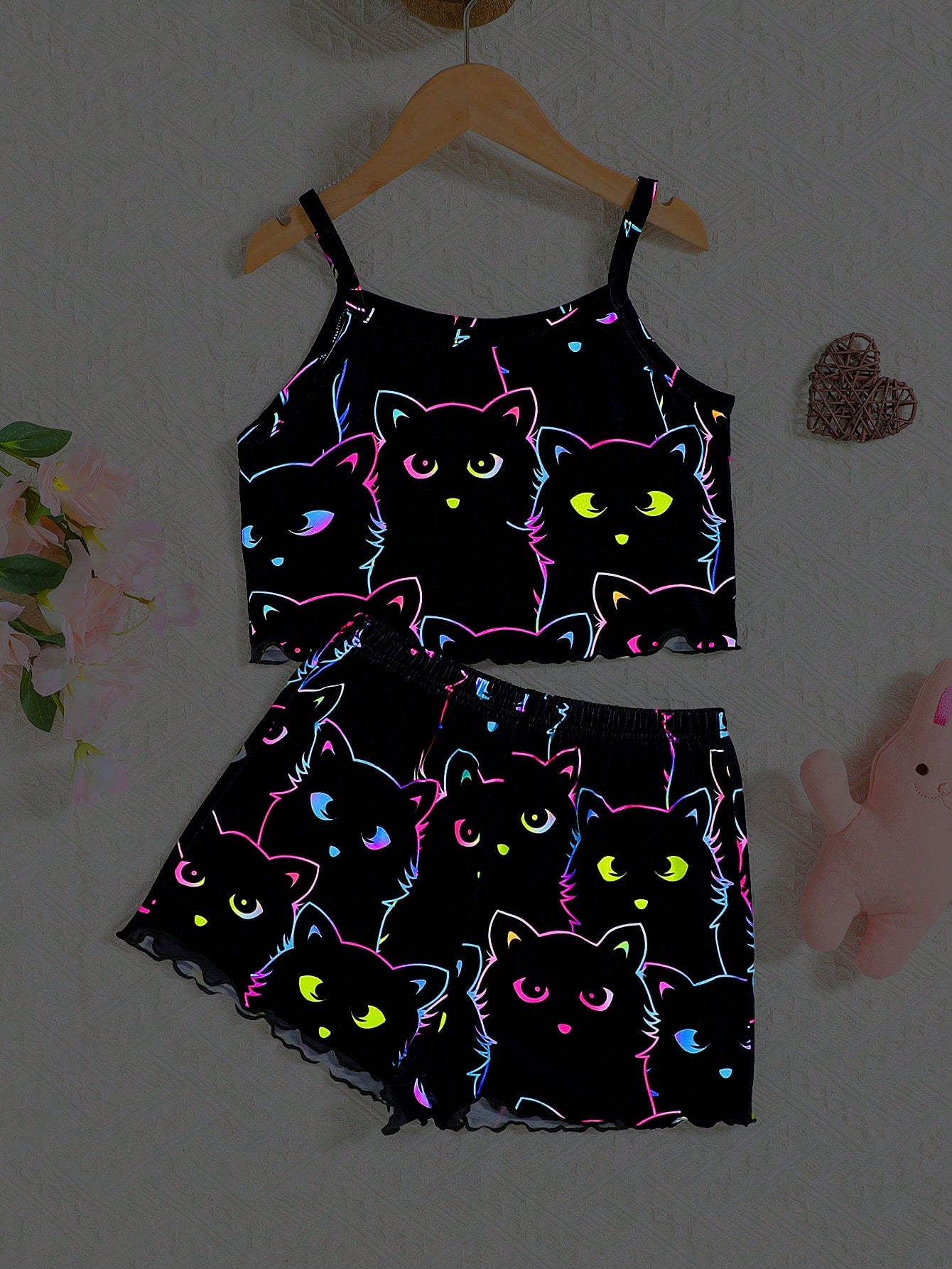 Tween Girl Cute Cat Patterned Glow-In-The-Dark Summer Comfortable Casual Tank Top And Shorts Set, Home Sleepwear