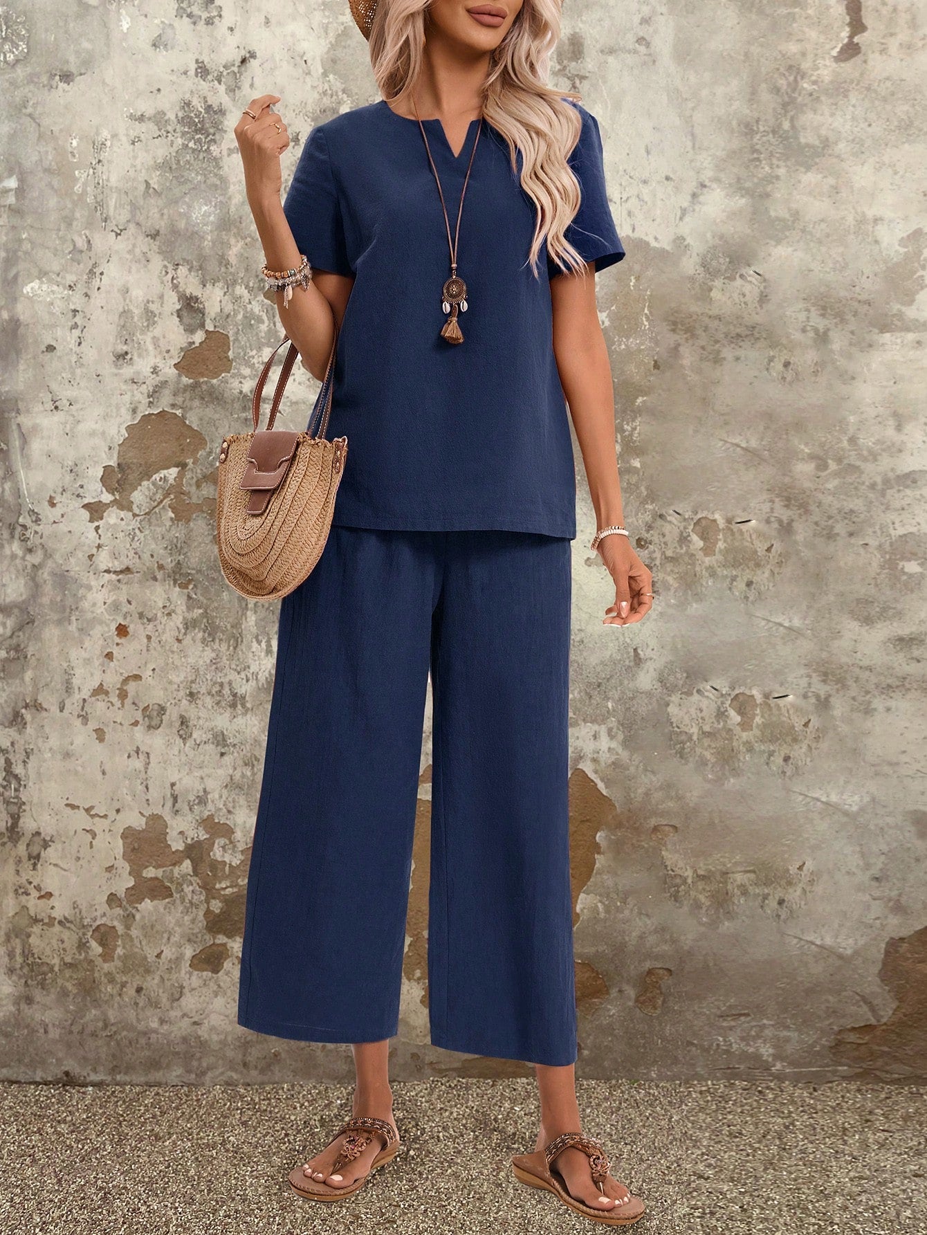 Women's Casual 2pcs/Set Summer Outfits With Notched V-Neck Short Sleeve Top And Wide Leg Pants Cotton