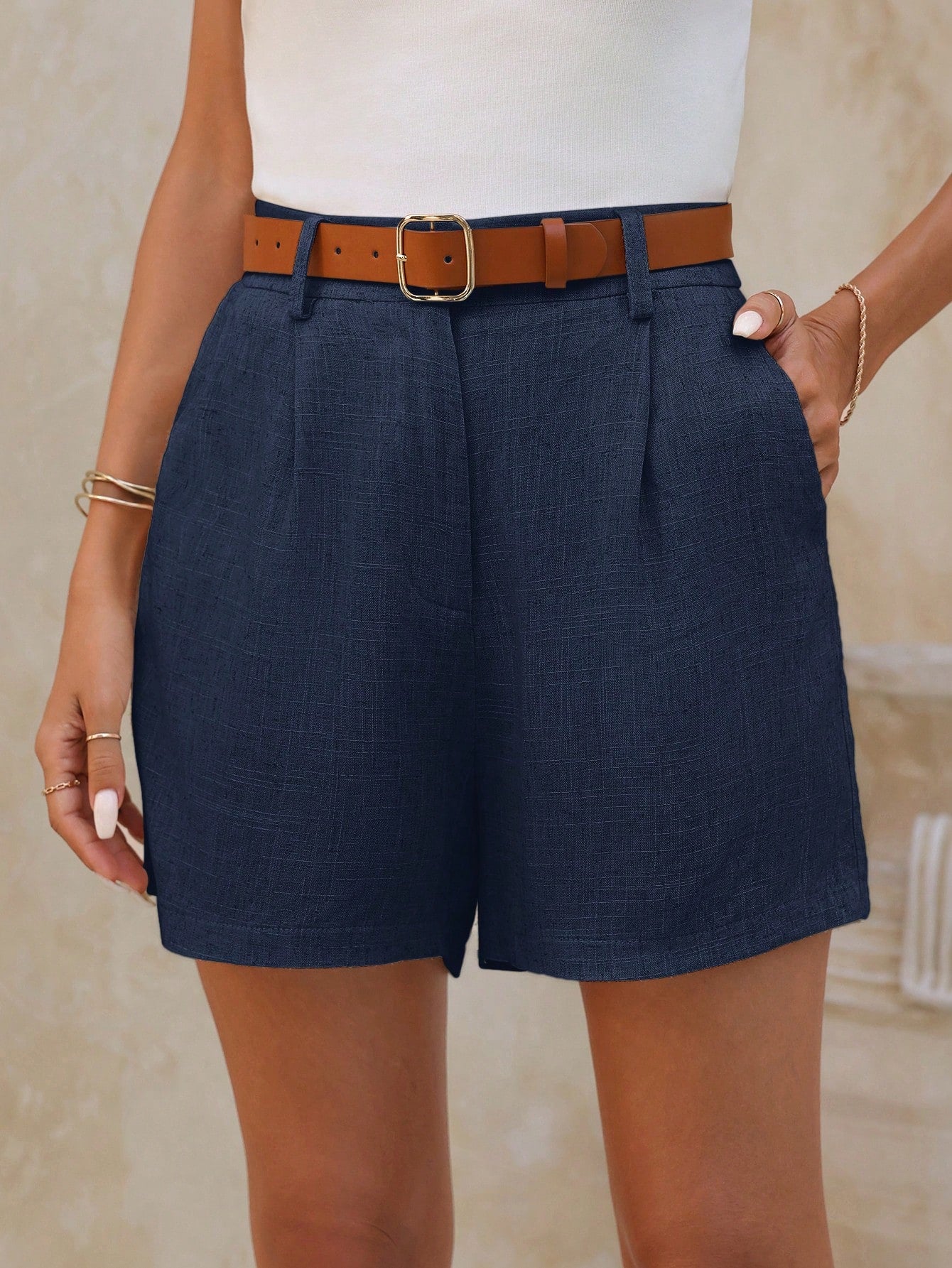 Women's Simple Solid Color Linen Shorts With Bamboo Knot Design