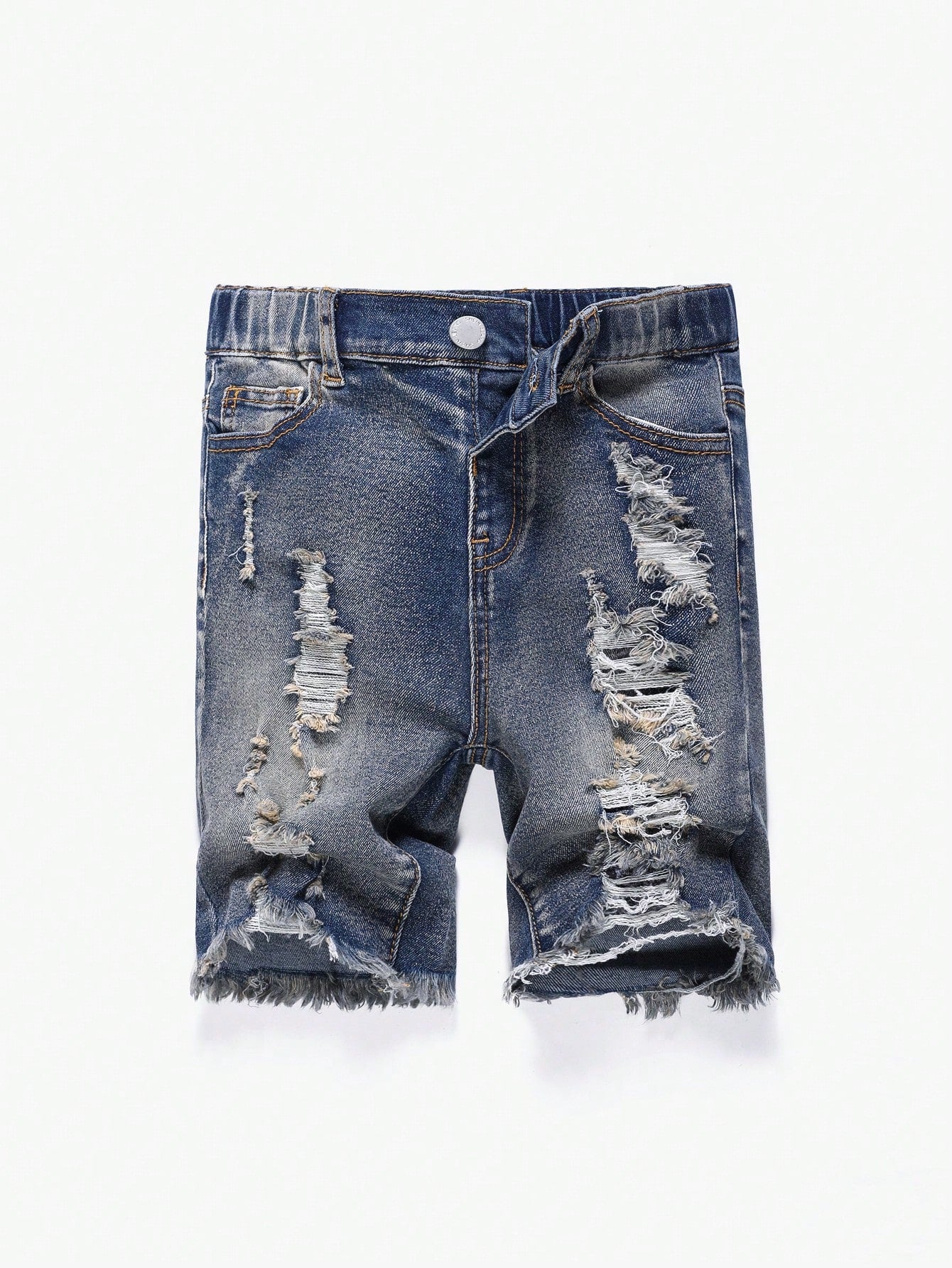 Young Boy Fashionable Casual Cut Out Ripped Frayed Denim  Boy Shorts For Vacation And Dailywear