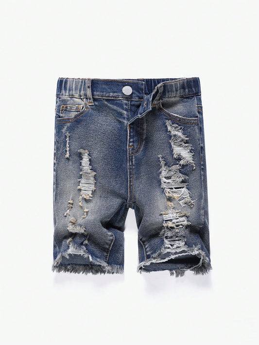 Young Boy Fashionable Casual Cut Out Ripped Frayed Denim  Boy Shorts For Vacation And Dailywear