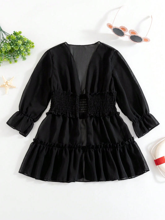 Young Girl Black Summer Beach Kimono Cardigan Lace Ruffle Edge Romper Swimsuit Cover-Up, Half-Transparent, Ideal For Beach, Swimming, Vacation,  And Sweet Style, Suitable For Pairing With Bikinis