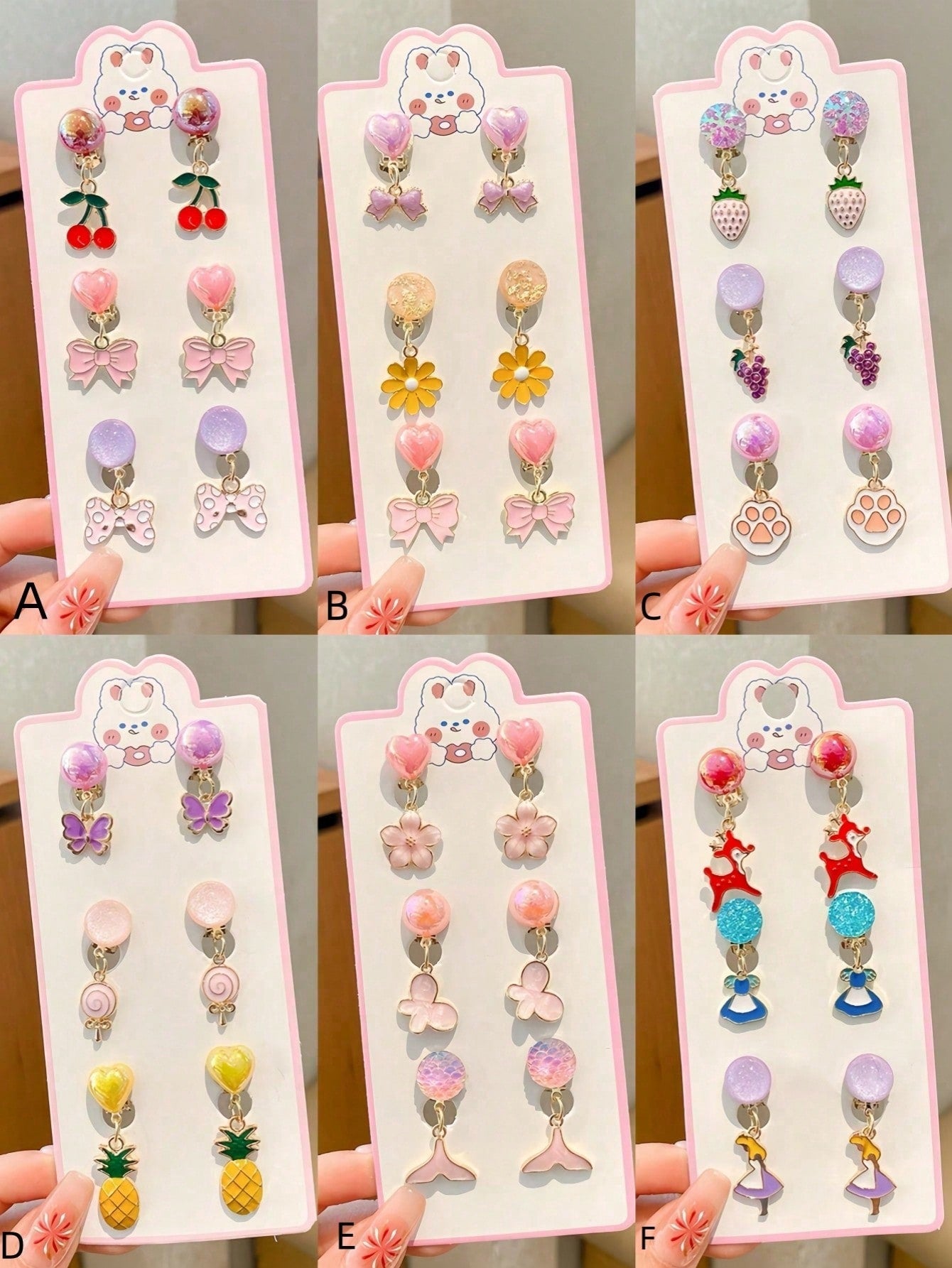 6pcs Girls' Clip-On Earrings With Cute Cartoon Pendants, No Piercing Needed, Fashion Accessories