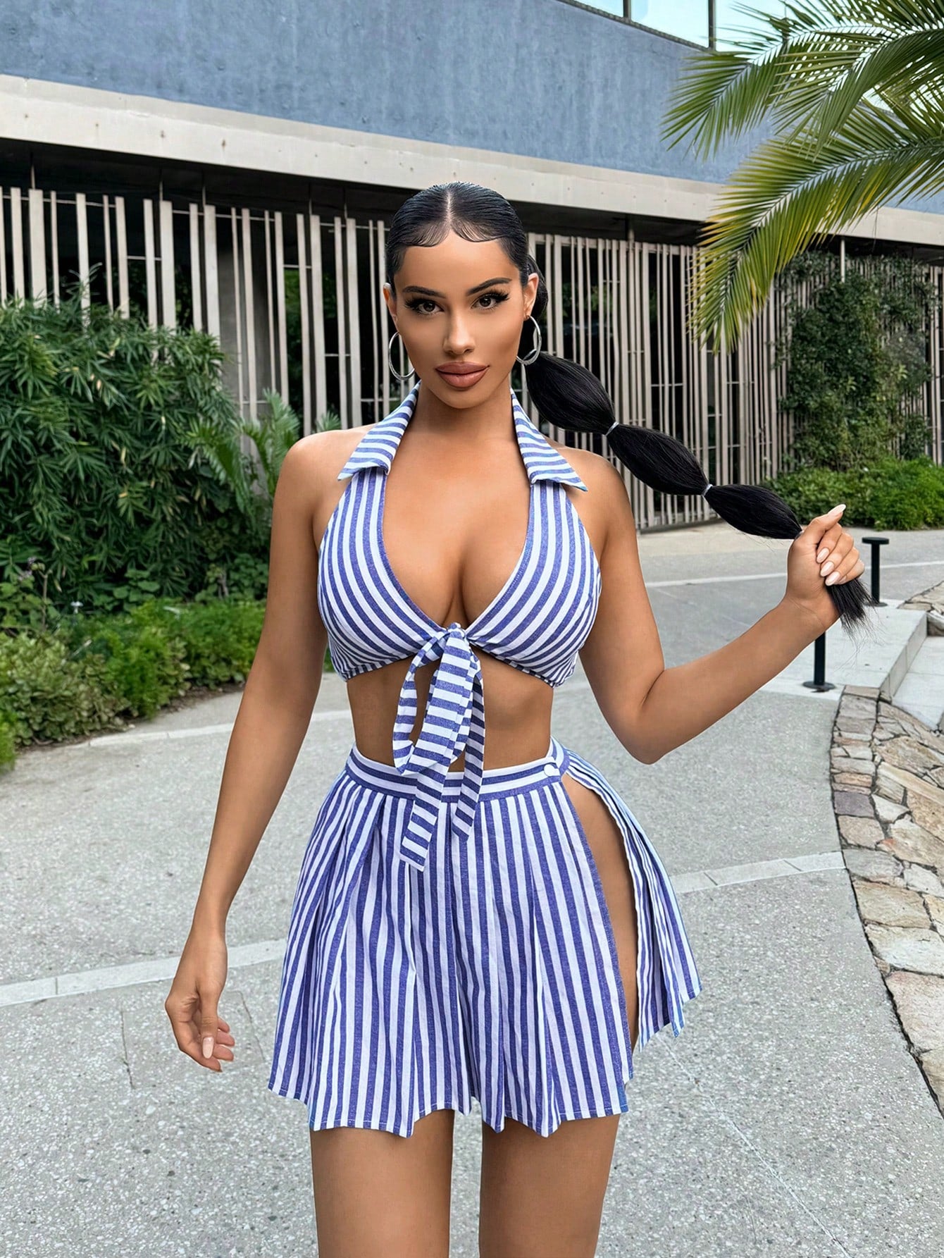 Women Vacation Leisure Full Print Fringed Hem With Tie Strap Backless Halter Top And Shorts Set