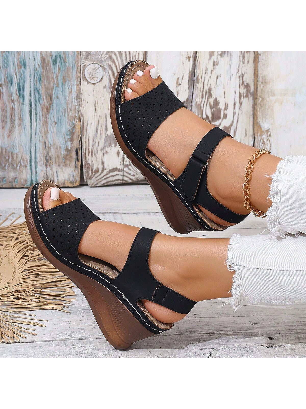 2024 New Arrival Laser-Cut Single Buckle Slingback Comfortable Sandals With Wedge Heels