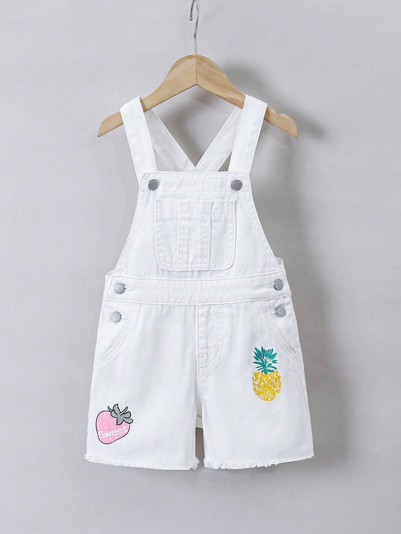 Young Girls' Simple Embroidered White Denim Overalls