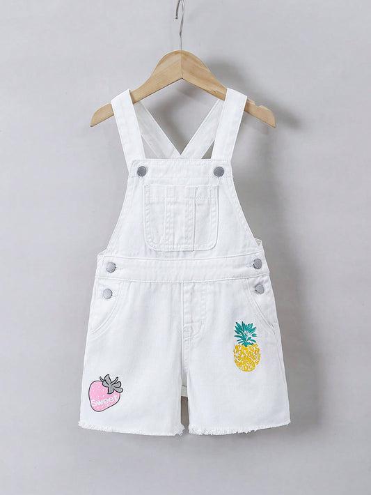 Young Girls' Simple Embroidered White Denim Overalls