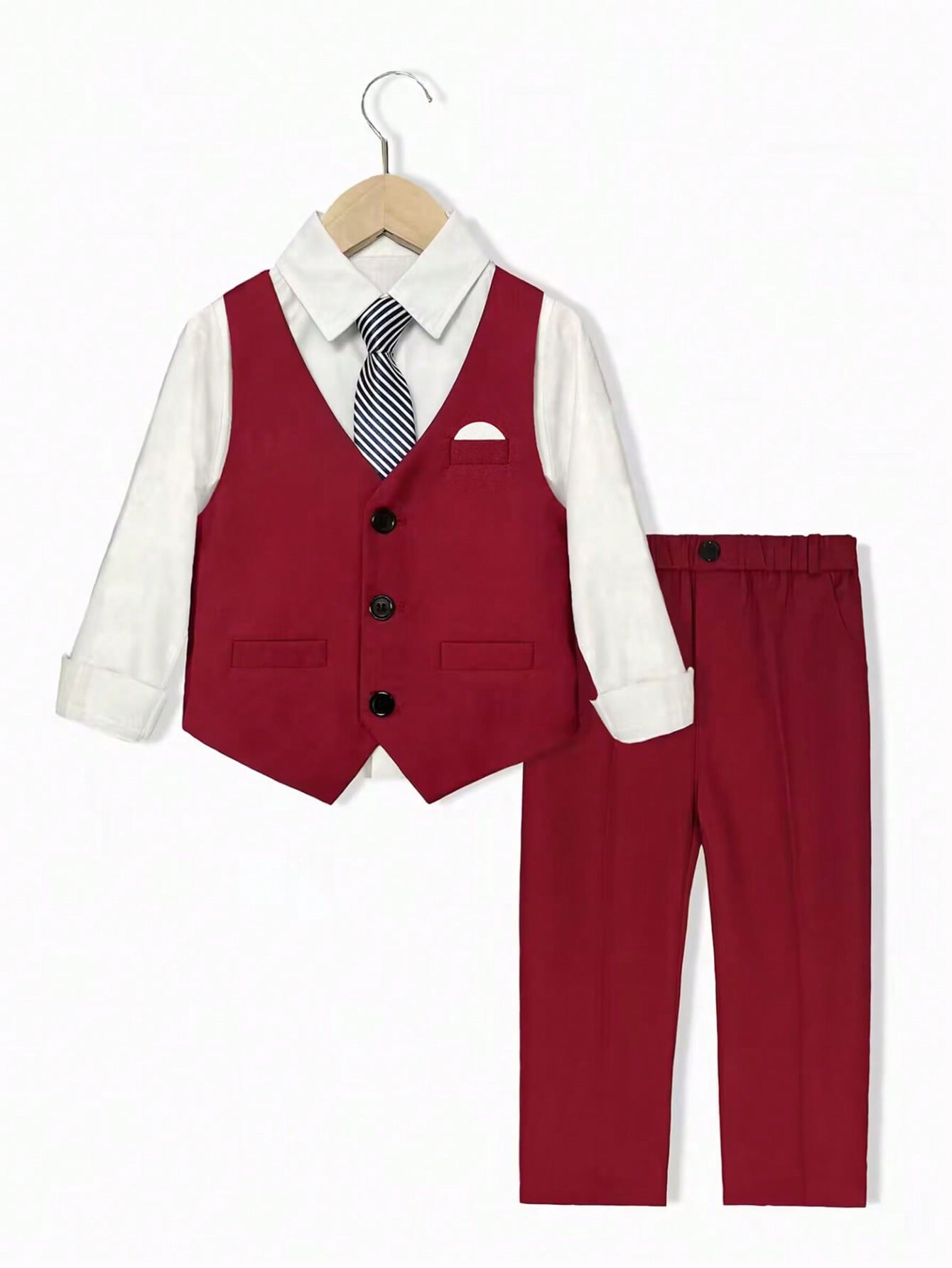 Young Boy Solid Color Flower Boy Birthday Performance Suit Gentleman Suit Three-Piece Set Vest And Long Pants And Bow Tie Suit