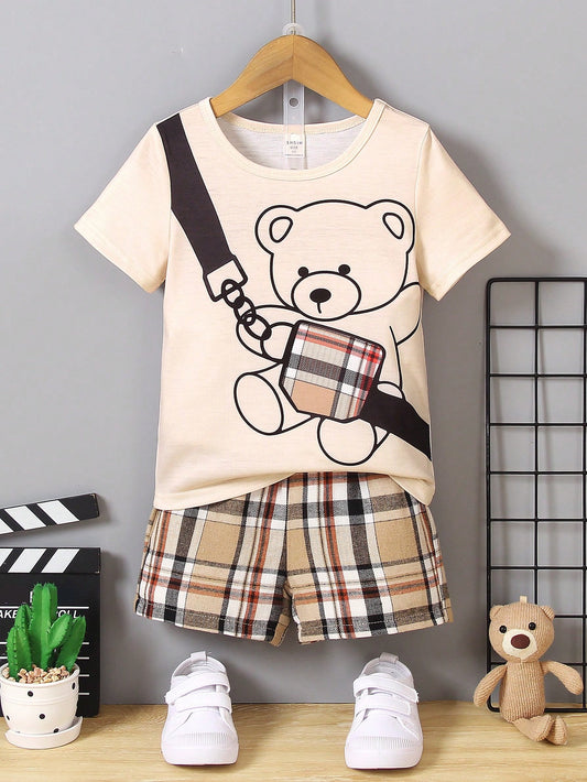 2pcs/Set Young Boy Cute Bear Printed Short Sleeve T-Shirt And Checkered Shorts Comfortable Summer Outfits