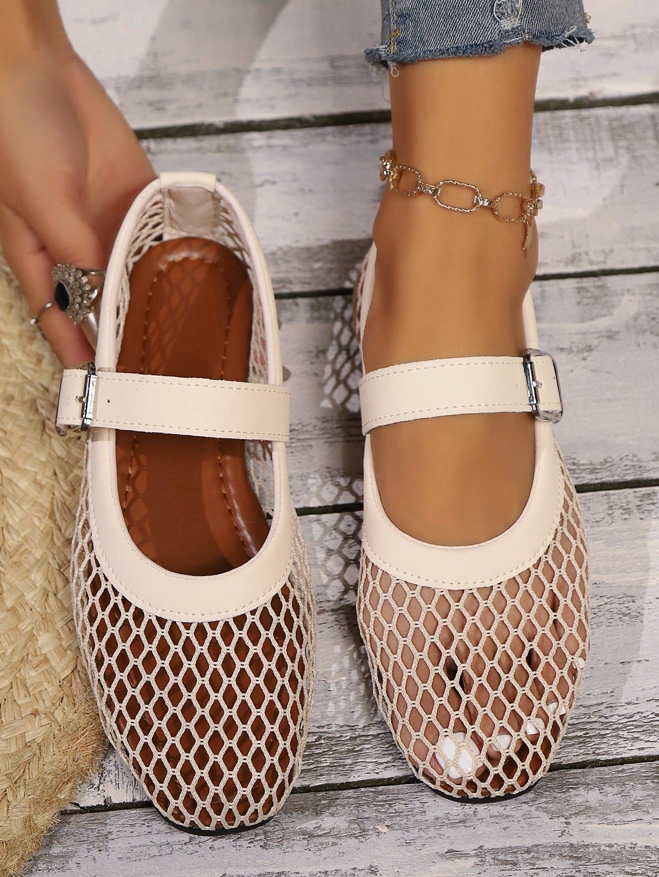 New Women's White Breathable Knitted Fishnet Mary Jane Flats With Buckle, Lightweight Soft Sole, Versatile And Trendy, Inspired By Online Celebrities