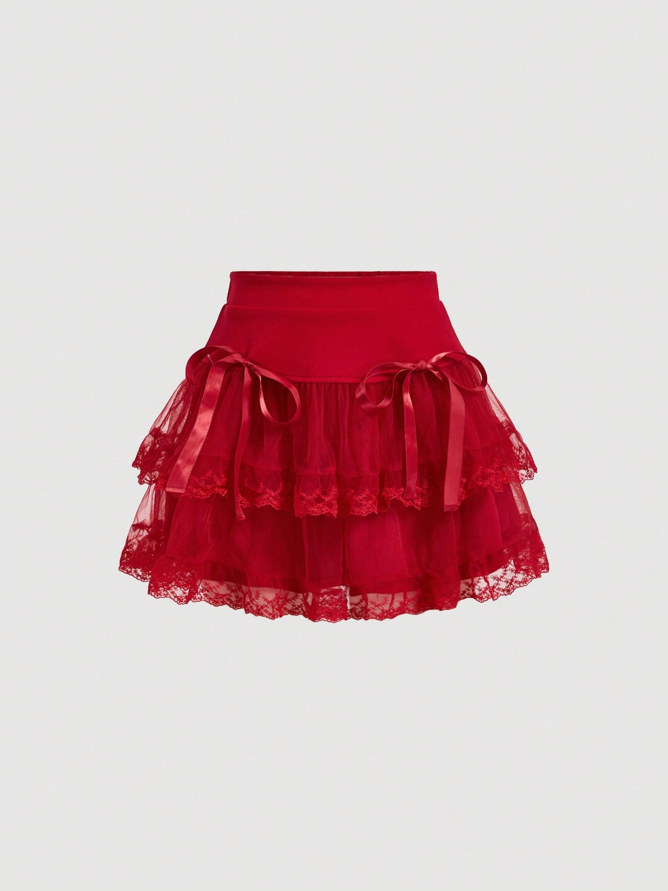 Contrast Embroidery Mesh Tie Front Layer Hem Skirt