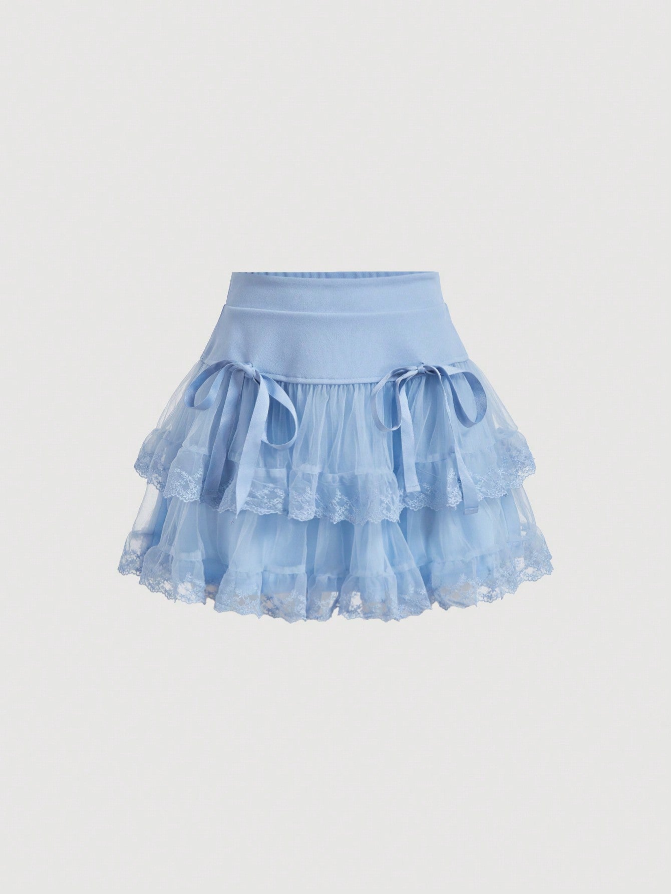 Contrast Embroidery Mesh Tie Front Layer Hem Skirt