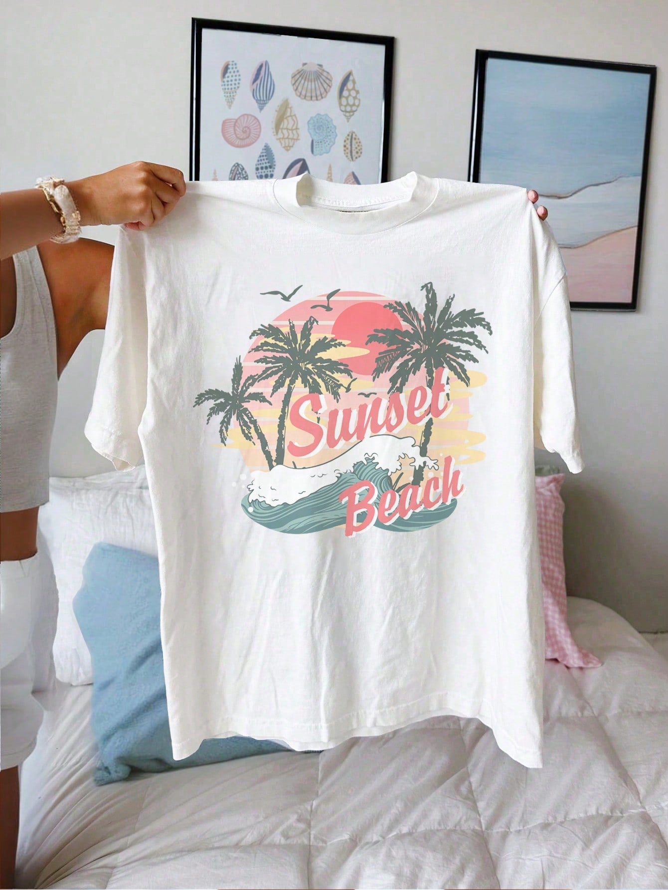 Teen Girl Vintage Casual Summer Coconut Tree Landscape Printed Knitted Oversized T-Shirt, Suitable For Summer