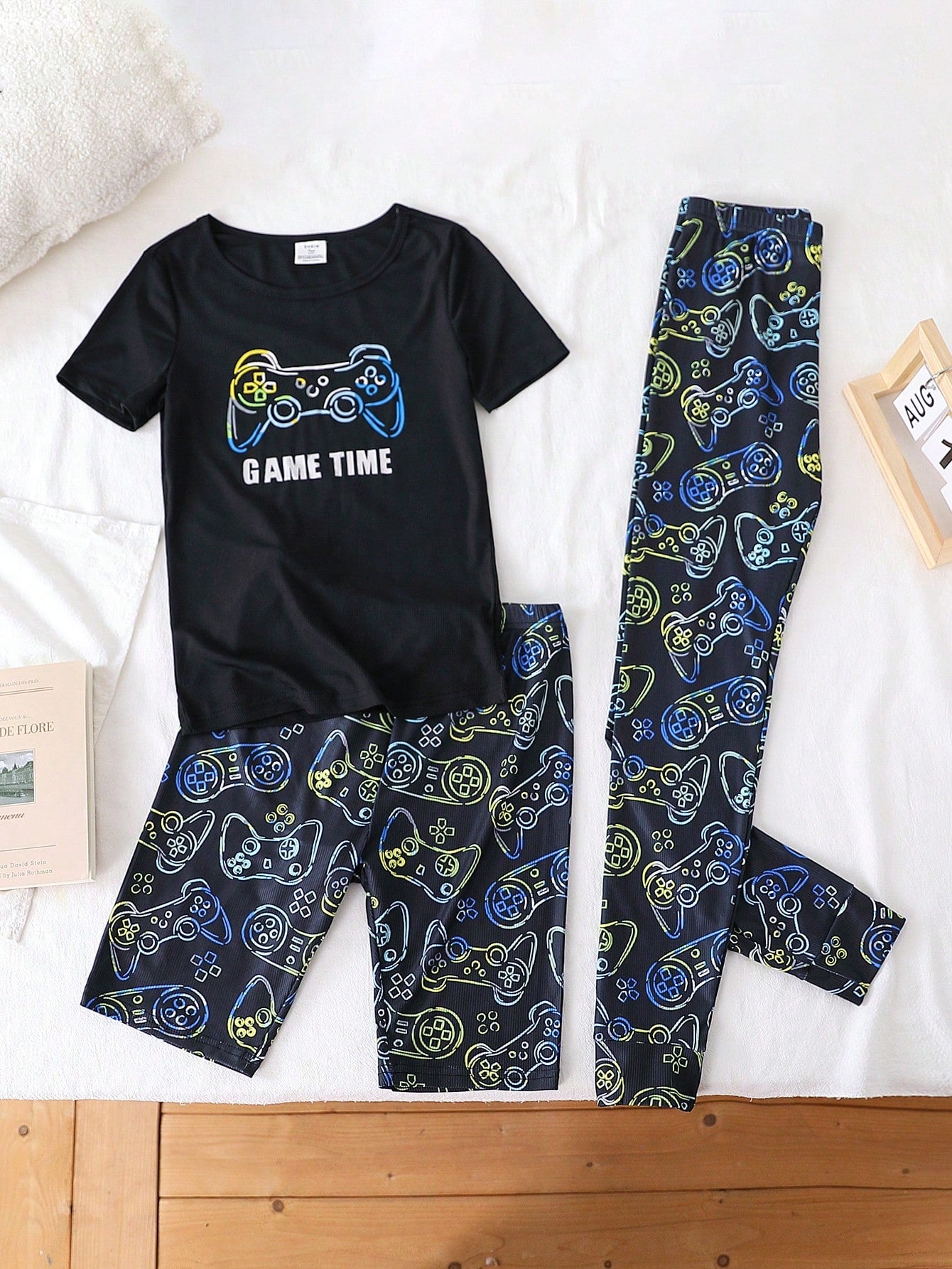 Teen Boy Game-Inspired Print Shorts And Pants With Short Sleeve Tight-Fitting 3pcs Home Outfit Set, Snug Fit