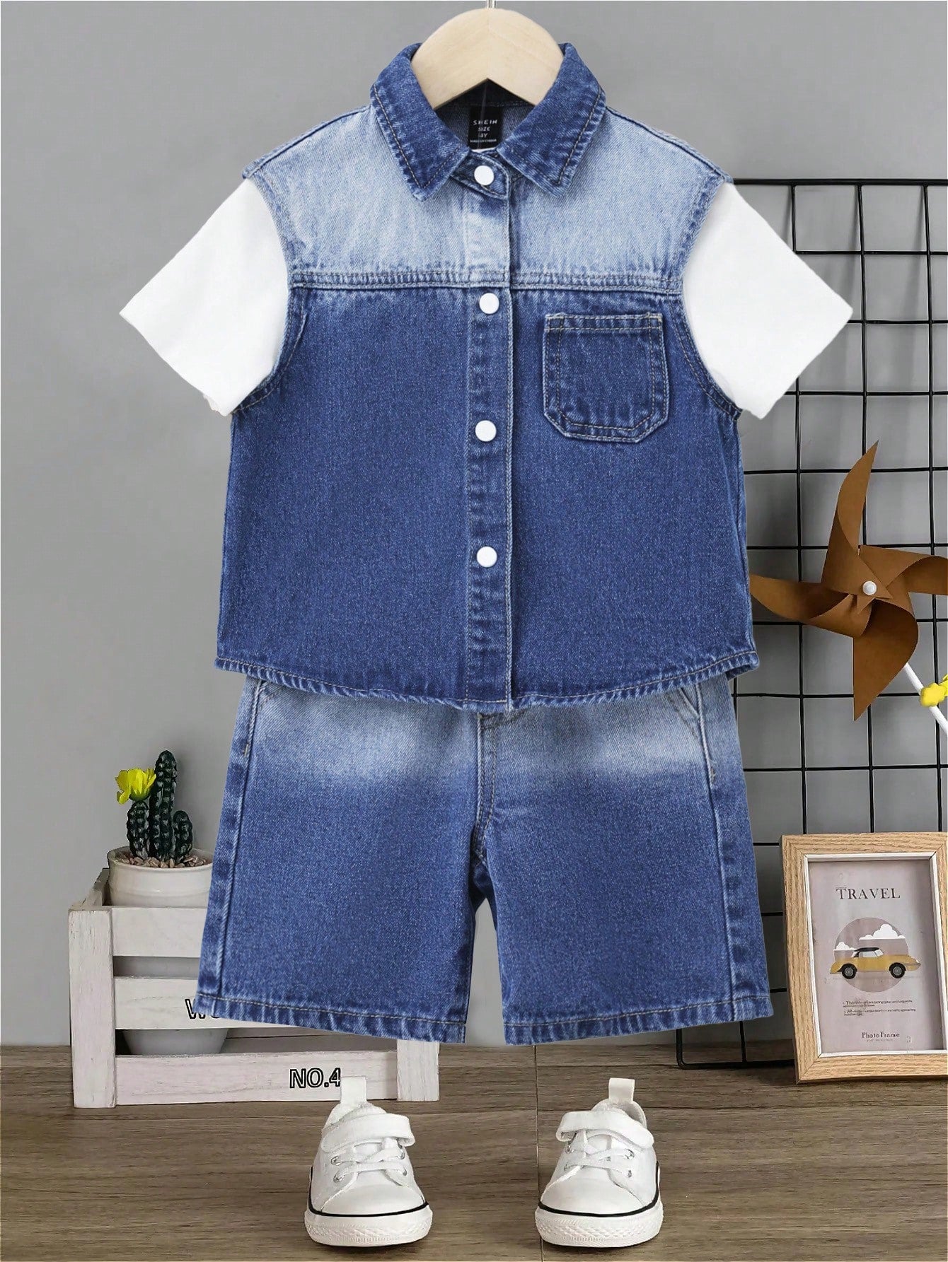 Young Boy Blue A Two-Piece Set Fashionable Casual Gradient Design Denim Boys Shirts And Denim Baggy Boys Shorts For Summer Vacation And Dailywdear And The Best Birthday Gift