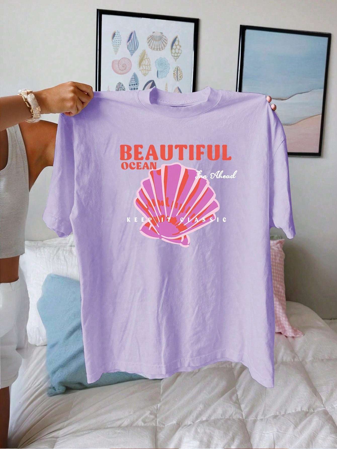 Teen Girl Casual & Simple Shell Pattern Short Sleeve T-Shirt, Perfect For Summer