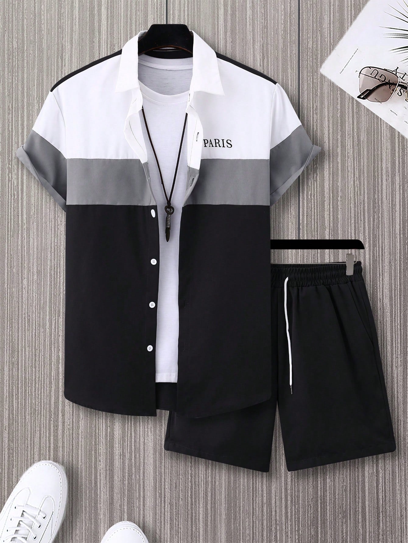 Plus Size Men's Color Block Letter Printed Short Sleeve Shirt And Drawstring Waist Shorts Casual Set, Summer