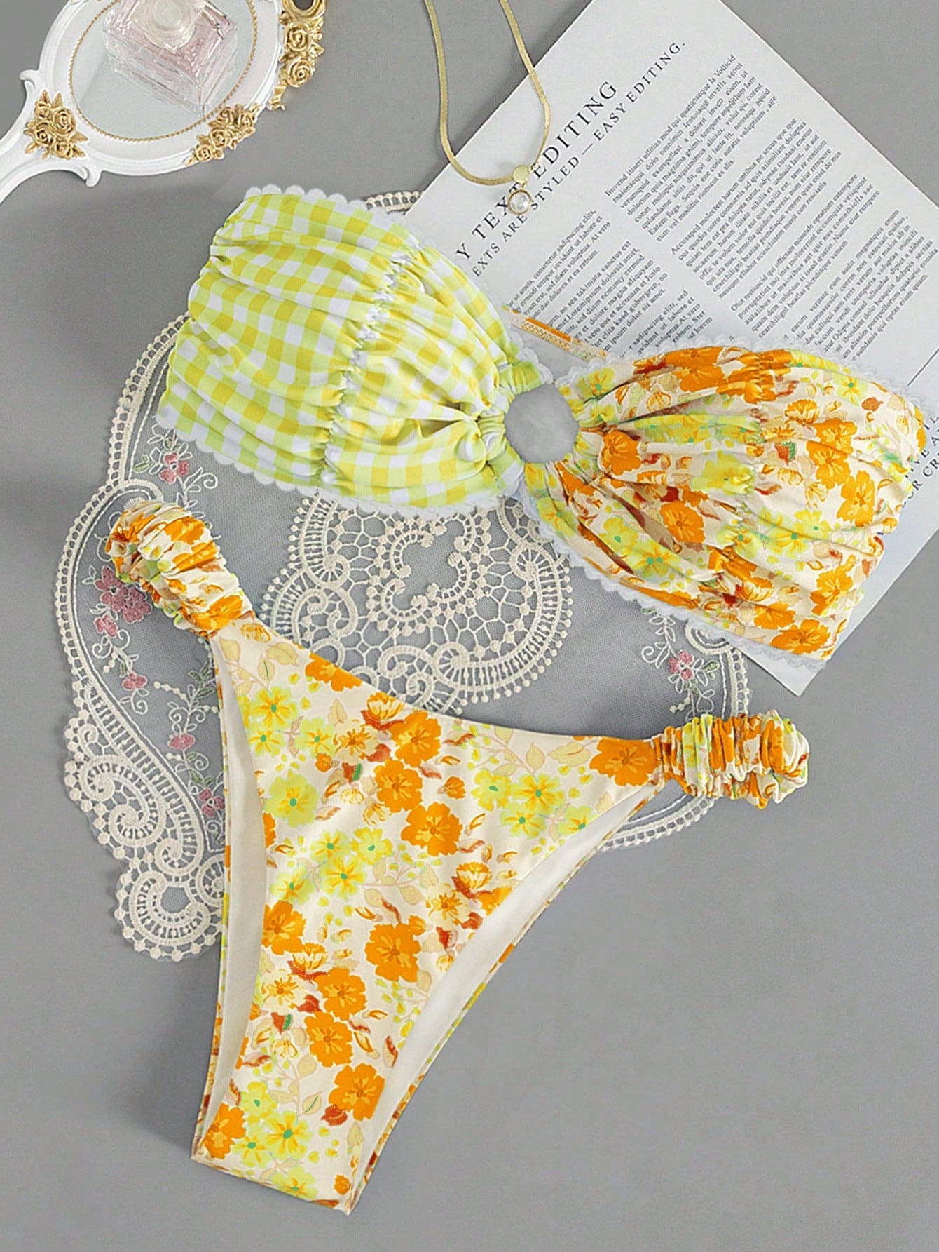 Swim Mod Summer Beach Floral Print Bandeau Bikini Set