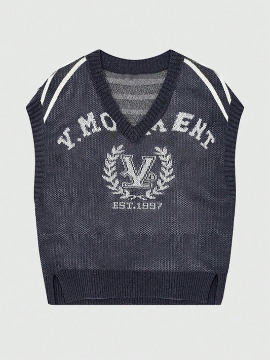 Men's Casual V-Neck Jacquard Sweater Vest With Letter Pattern