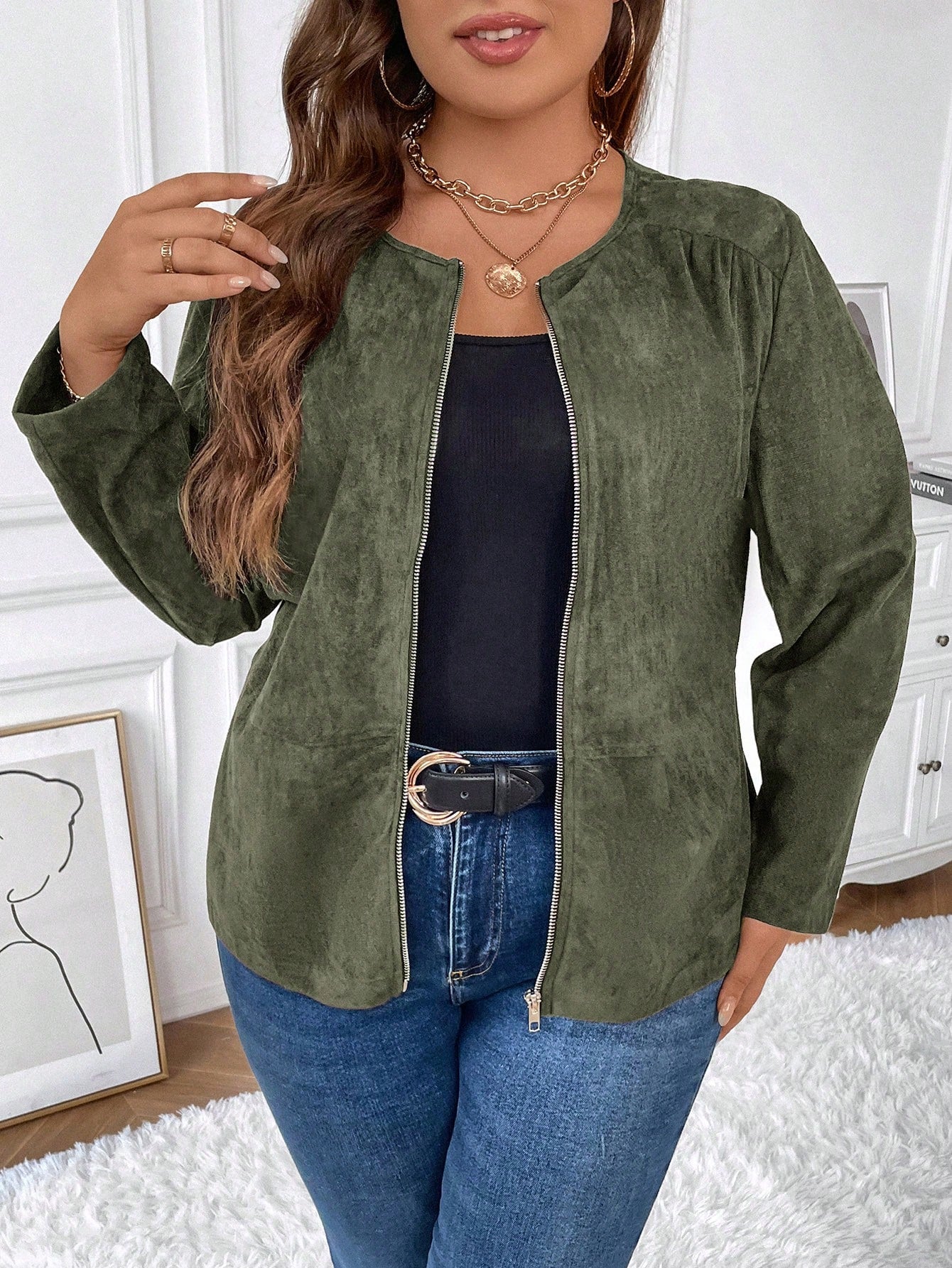 Plus Size Women's Solid Color Simple Daily Long Sleeve Jacket